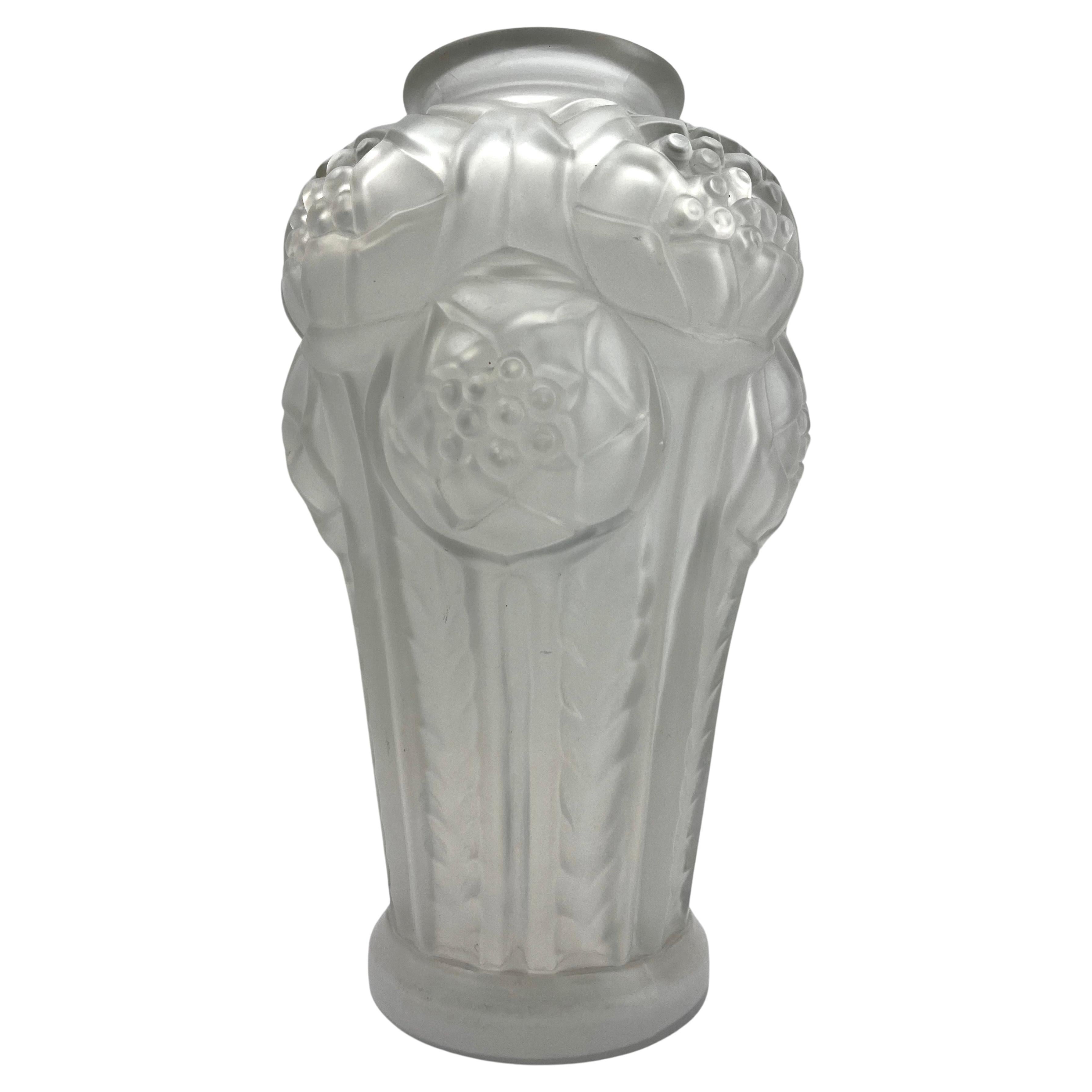 Art Glass  Art Deco Luminax Vase in  Frosted Opaline Glass Stylized Flower Relief France For Sale