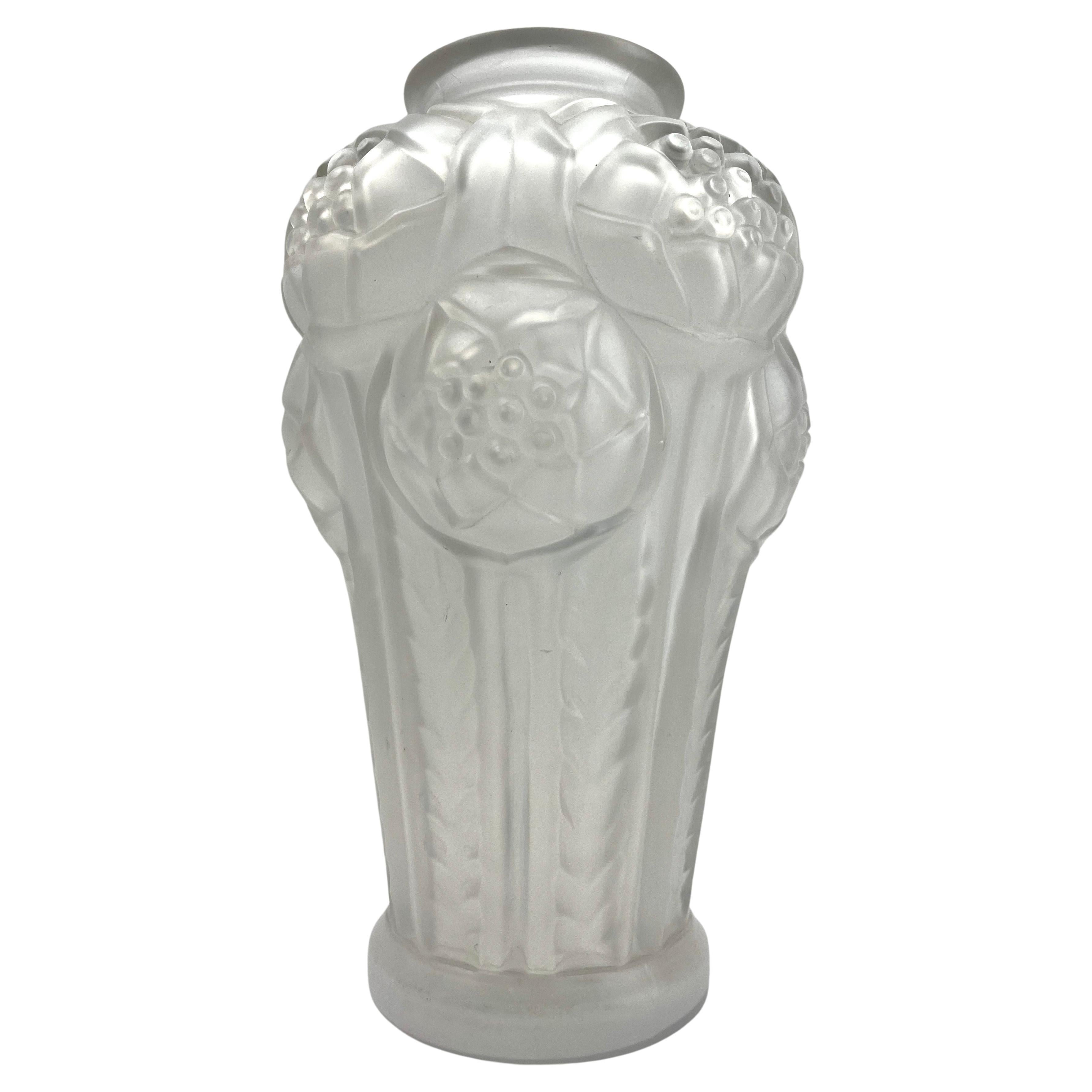  Art Deco Luminax Vase in  Frosted Opaline Glass Stylized Flower Relief France For Sale
