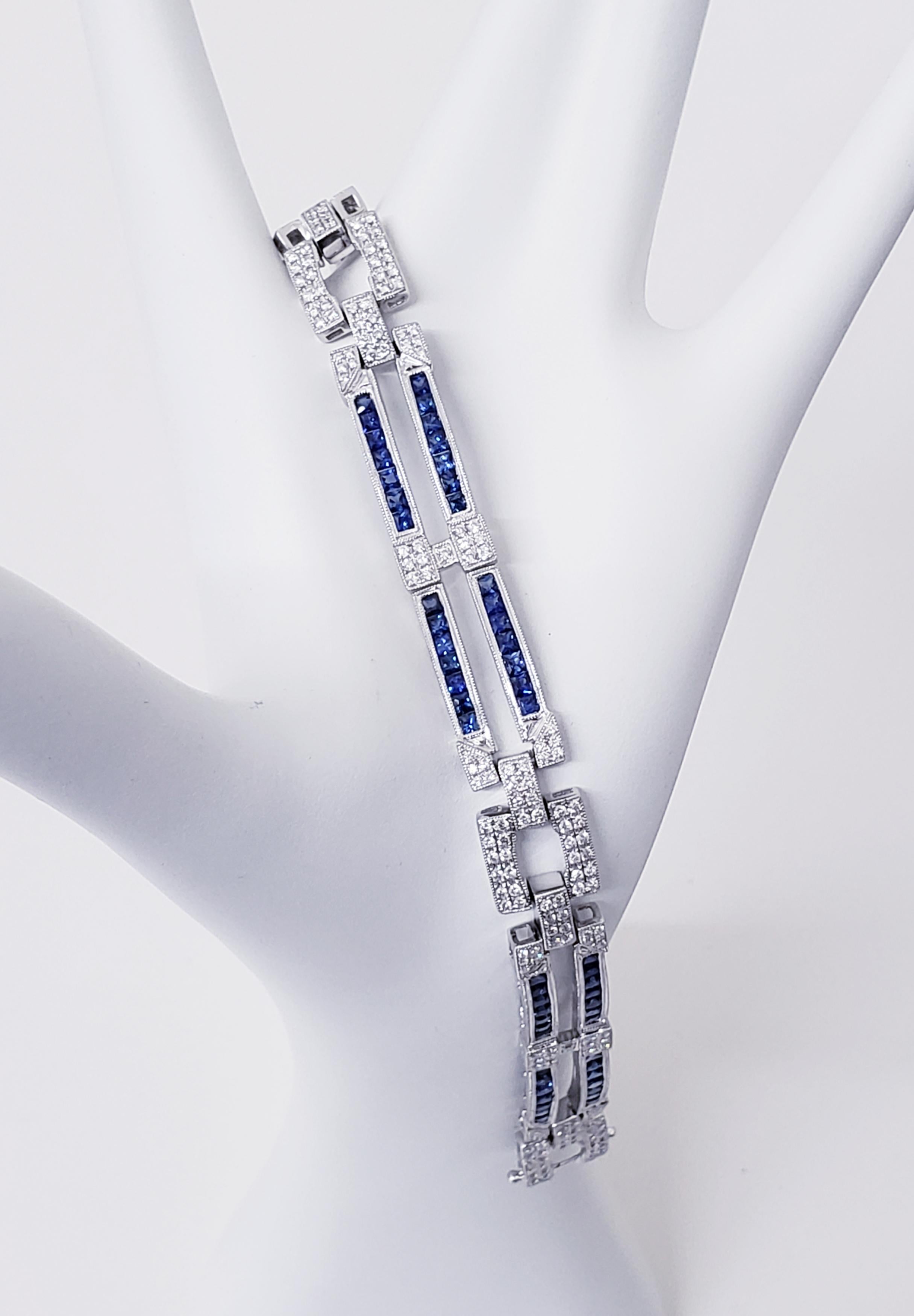 Art Deco Luxury diamond and sapphire bracelet crafted in 18k white gold and featuring 9.60tcw (total carat weight).
Circa 1920s 
