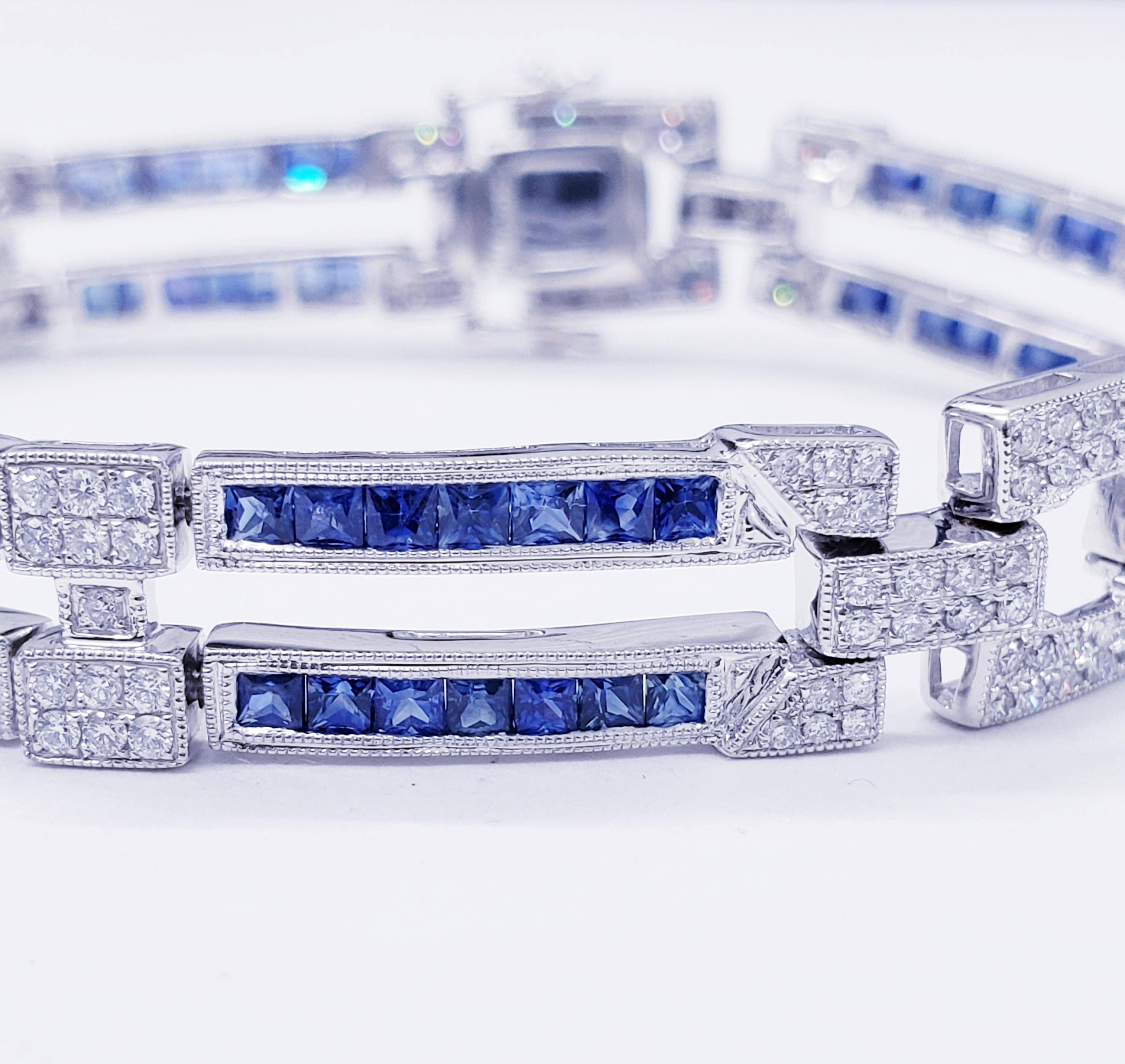 Art Deco Luxury 9.60 Carat Diamond and Sapphire Bracelet In Excellent Condition For Sale In Miami, FL
