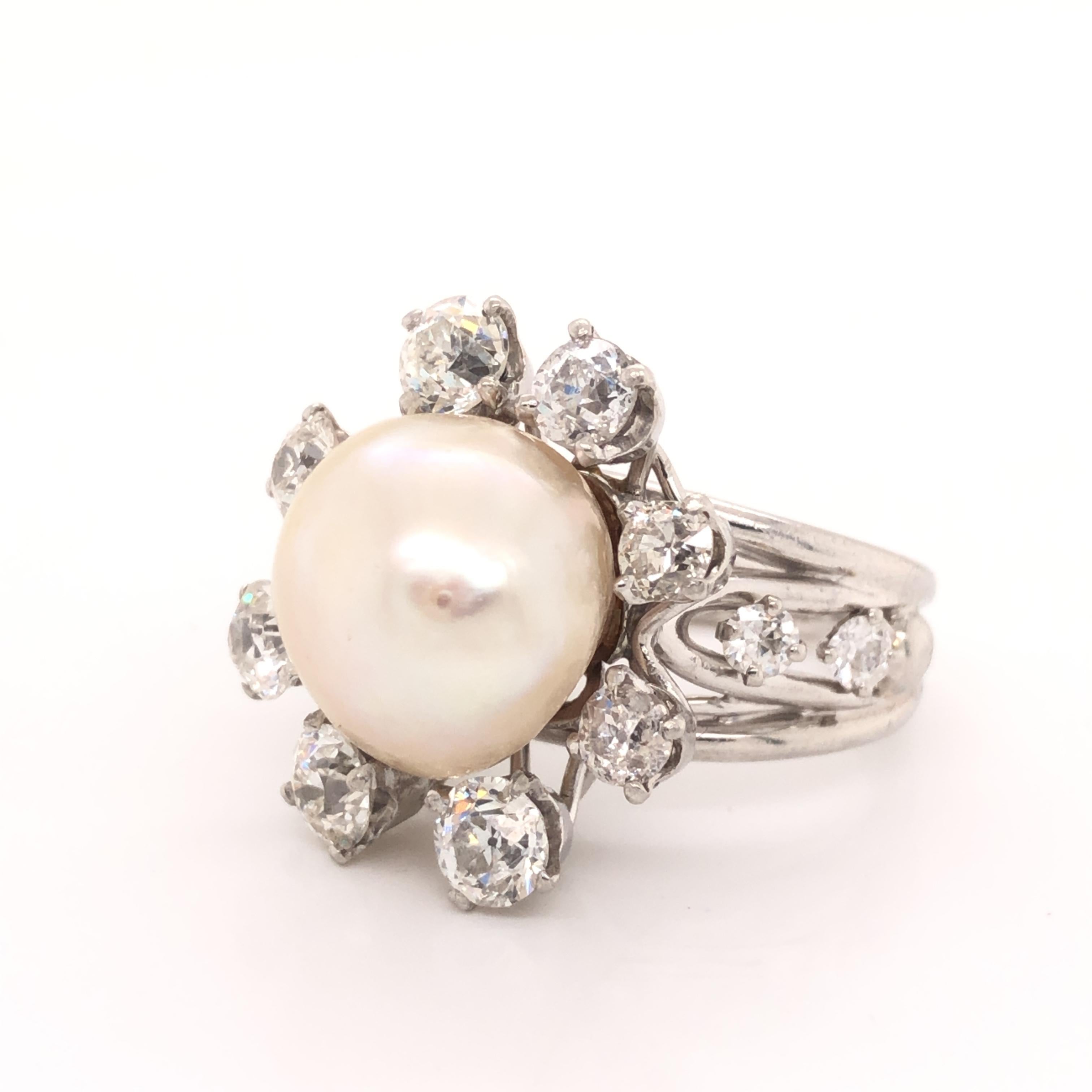 Old Mine Cut Art Deco Saltwater Pearl & Diamond Platinum Cocktail Ring For Sale
