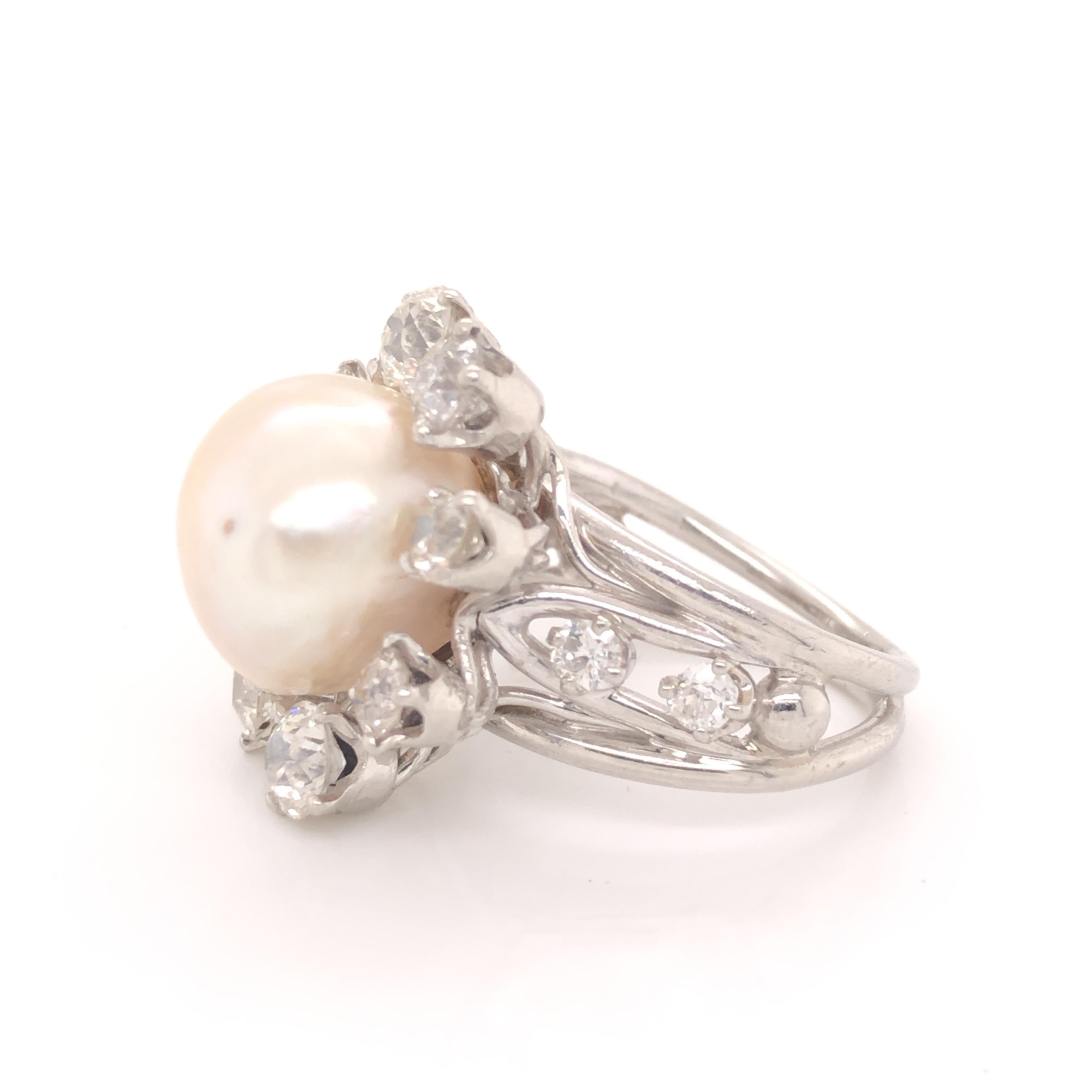 Art Deco Saltwater Pearl & Diamond Platinum Cocktail Ring In Good Condition For Sale In MIAMI, FL