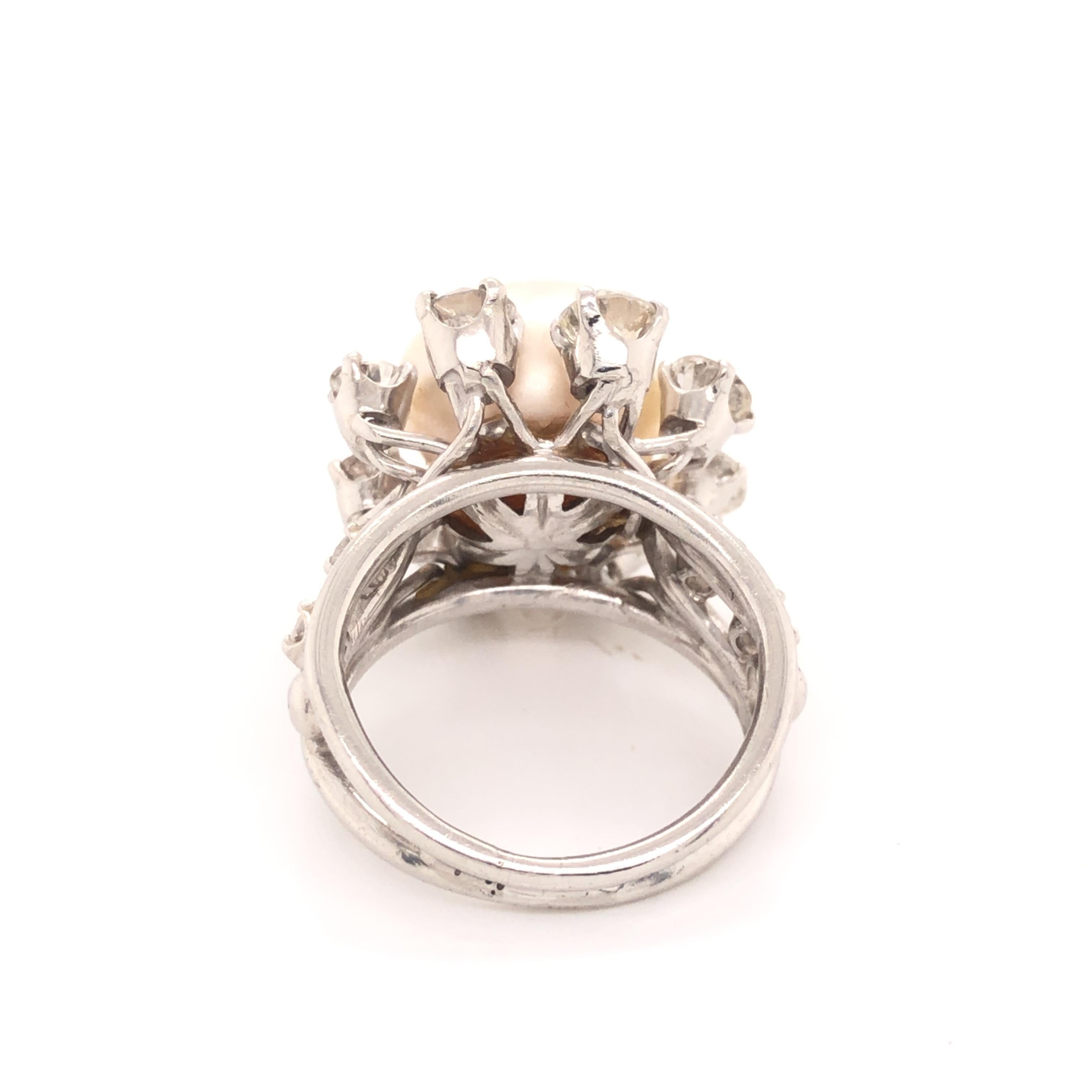 Women's Art Deco Saltwater Pearl & Diamond Platinum Cocktail Ring For Sale