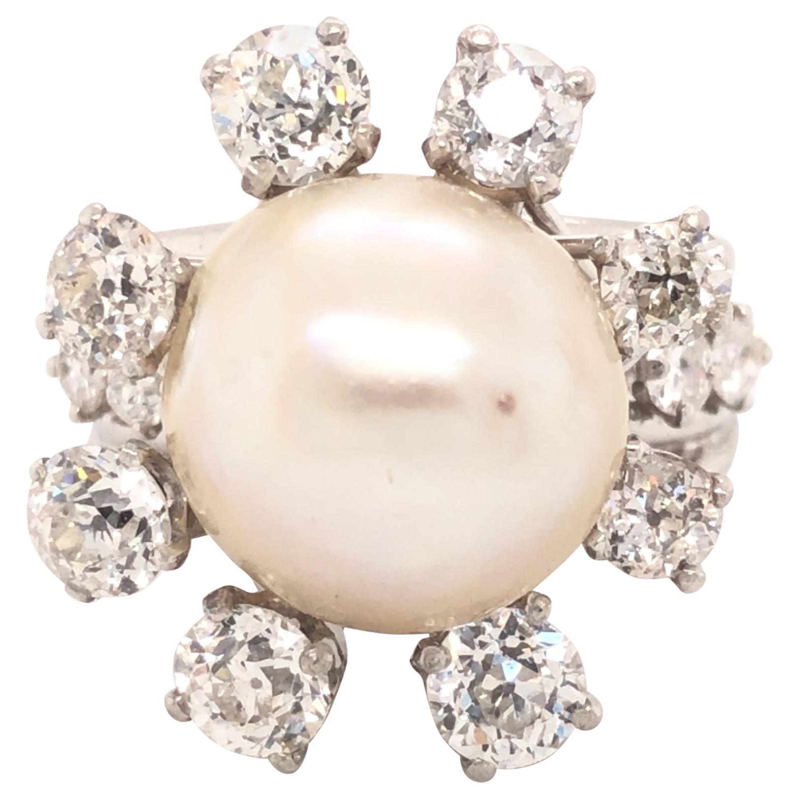 Art Deco Saltwater Pearl & Diamond Platinum Cocktail Ring For Sale