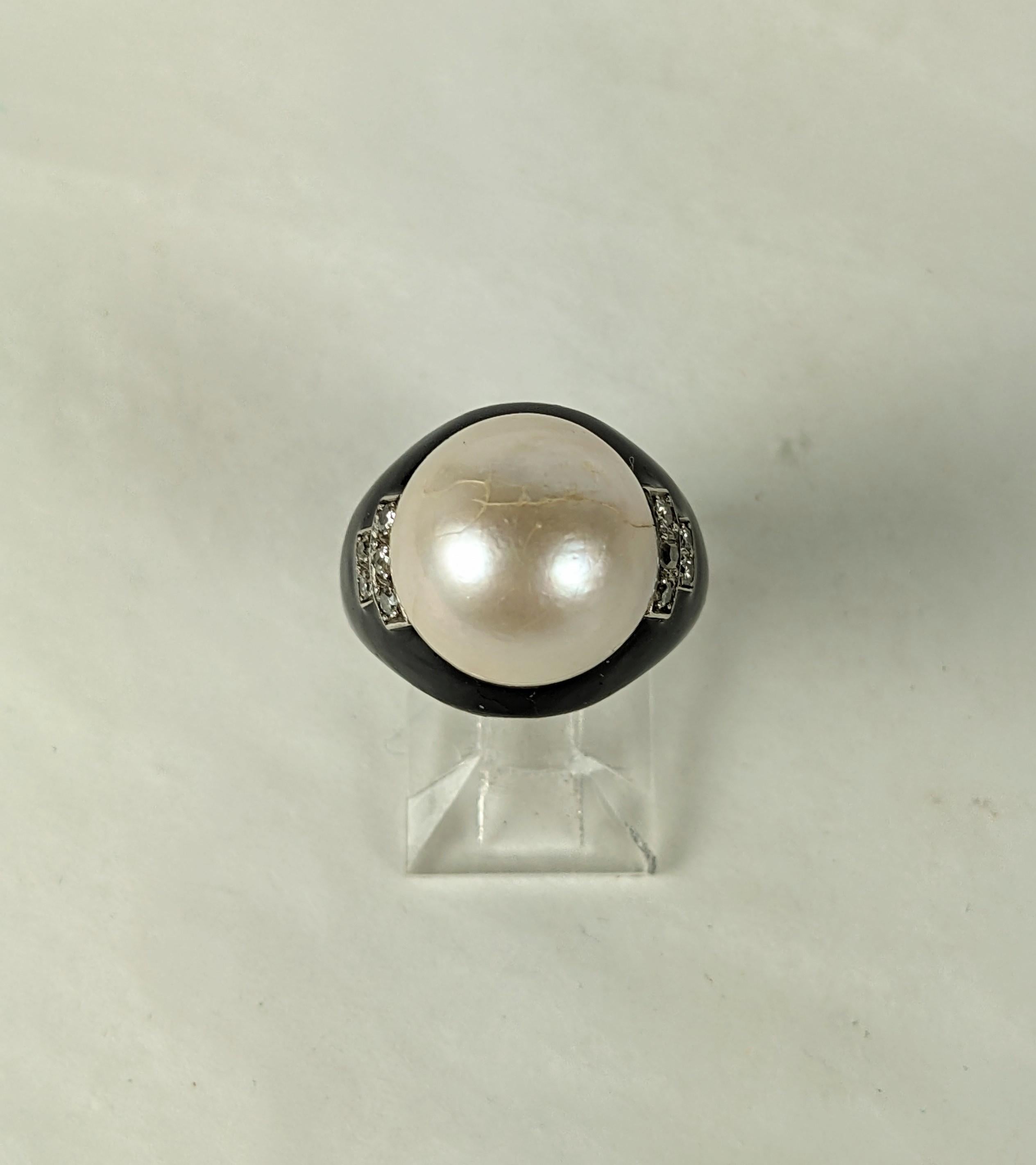Round Cut Art Deco Mabe Pearl, Enamel and Diamond Ring, Attributed Boivin For Sale