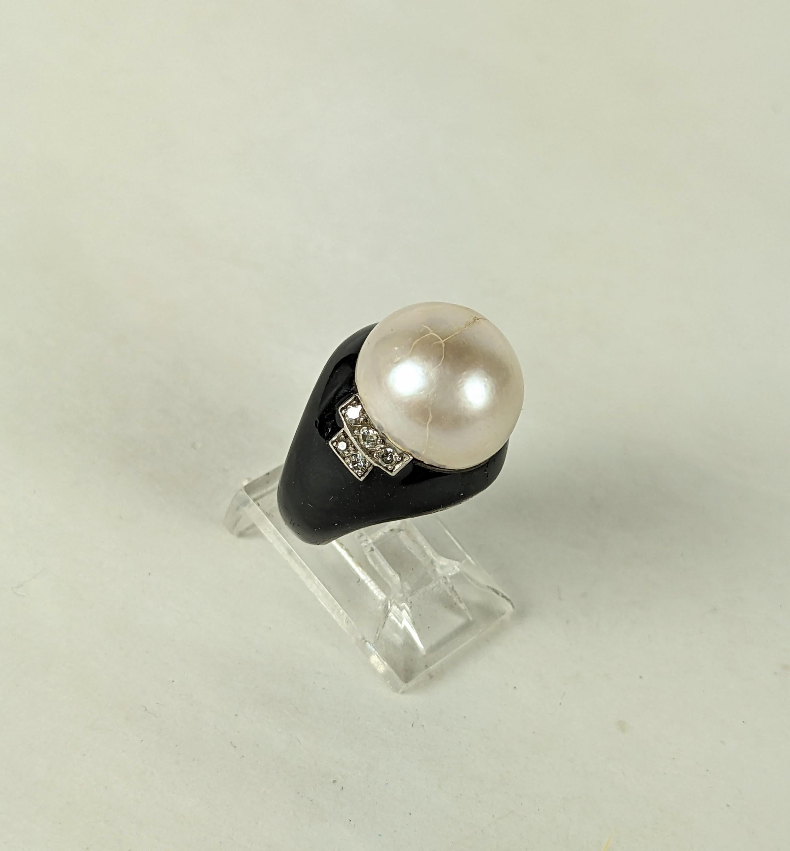 Art Deco Mabe Pearl, Enamel and Diamond Ring, Attributed Boivin In Good Condition For Sale In Riverdale, NY