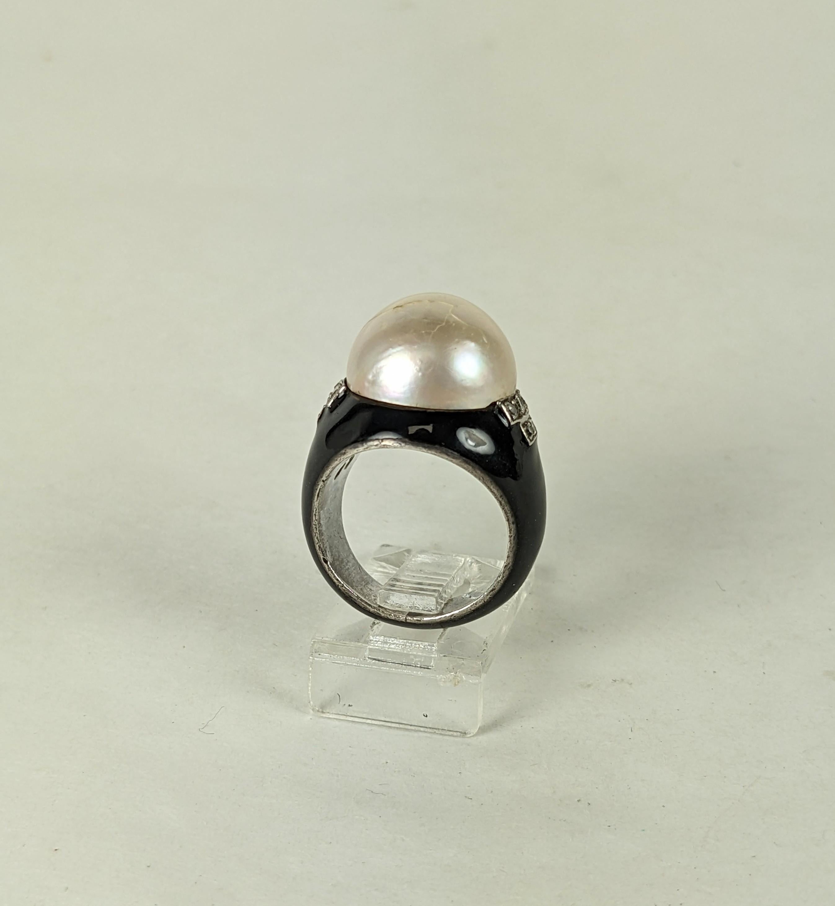 Art Deco Mabe Pearl, Enamel and Diamond Ring, Attributed Boivin For Sale 1