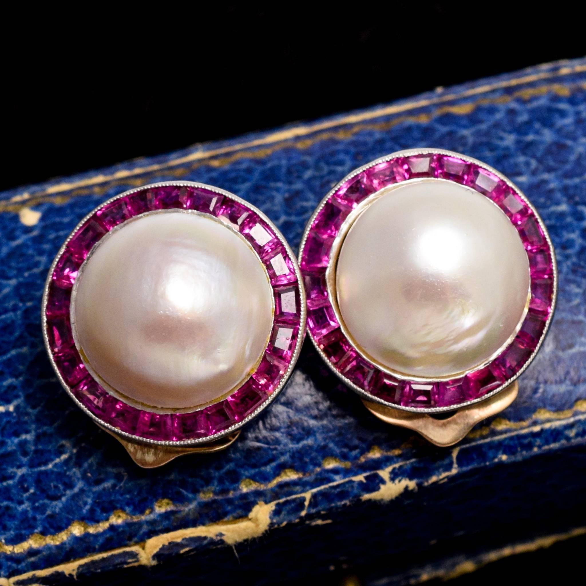 Women's Art Deco Mabe Pearl Ruby Clip-On Earrings