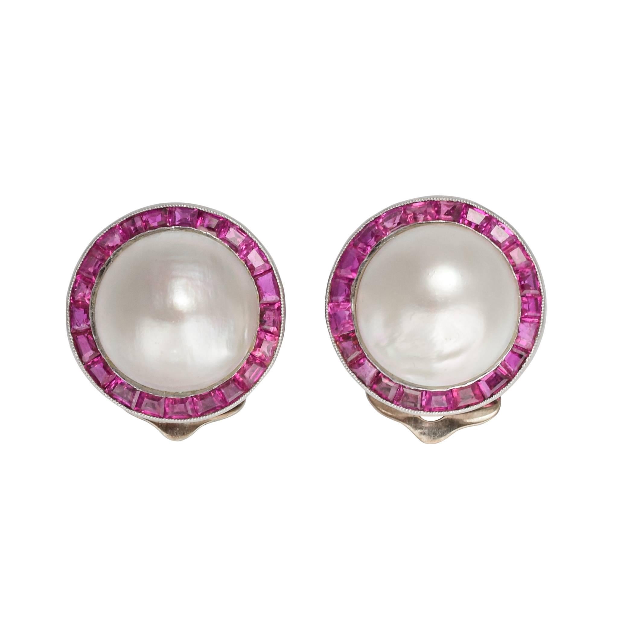 Art Deco Mabe Pearl Ruby Clip-On Earrings