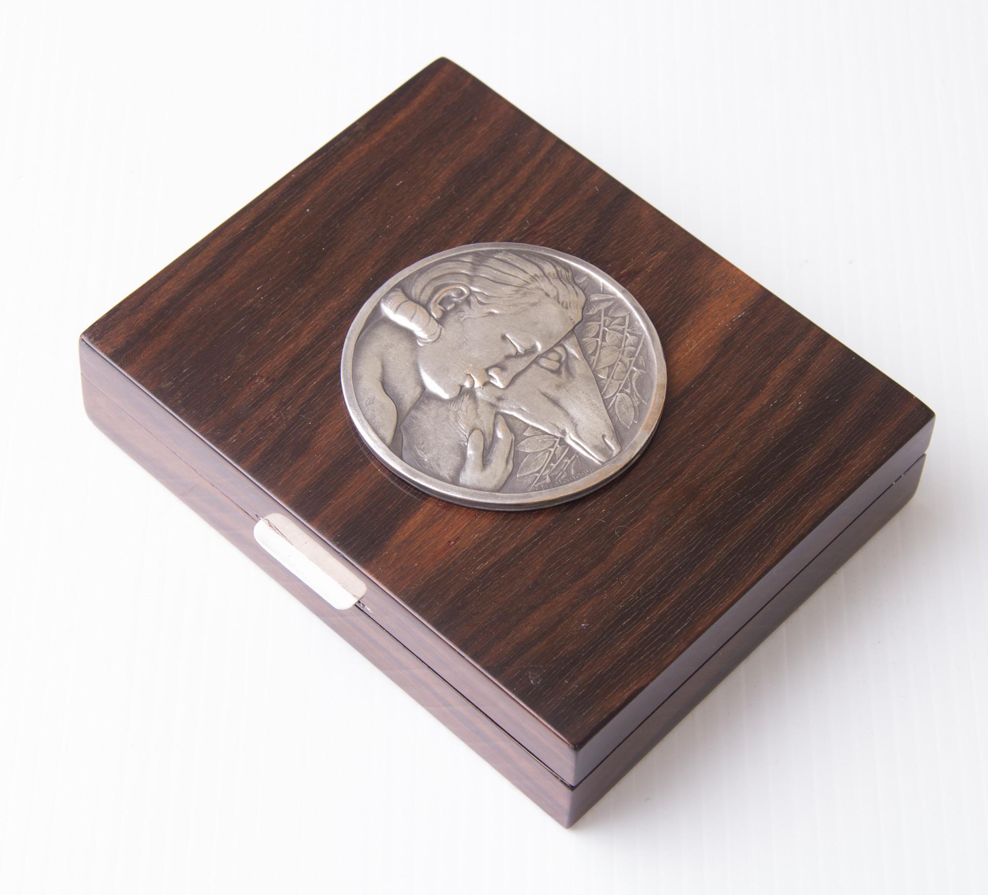 20th Century Art Deco Macassar Box with Silver Bronze Medallion Signed M. Delannay