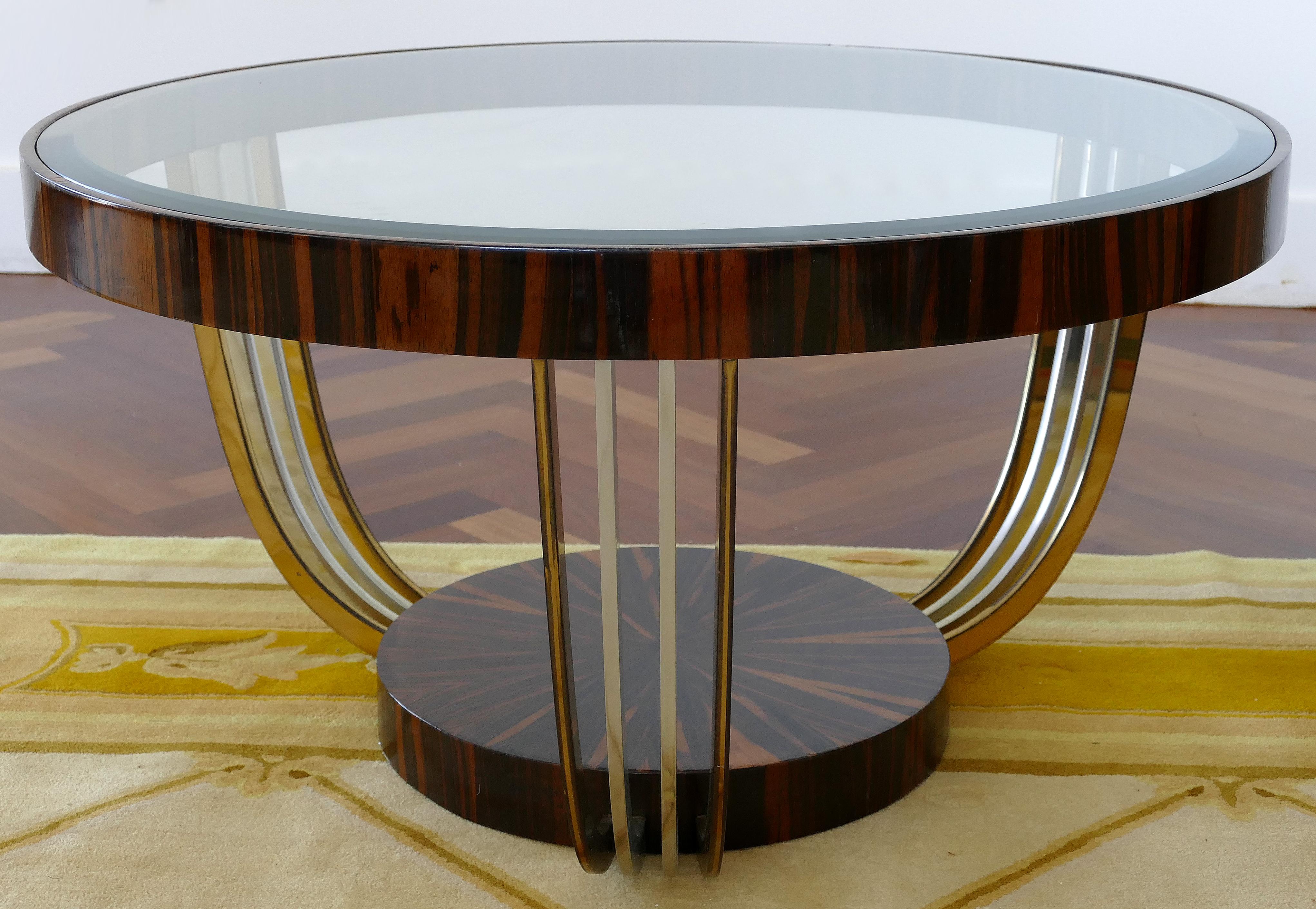 Art Deco Macassar Brass and Chrome Coffee Table with an Inset Beveled Glass Top 4