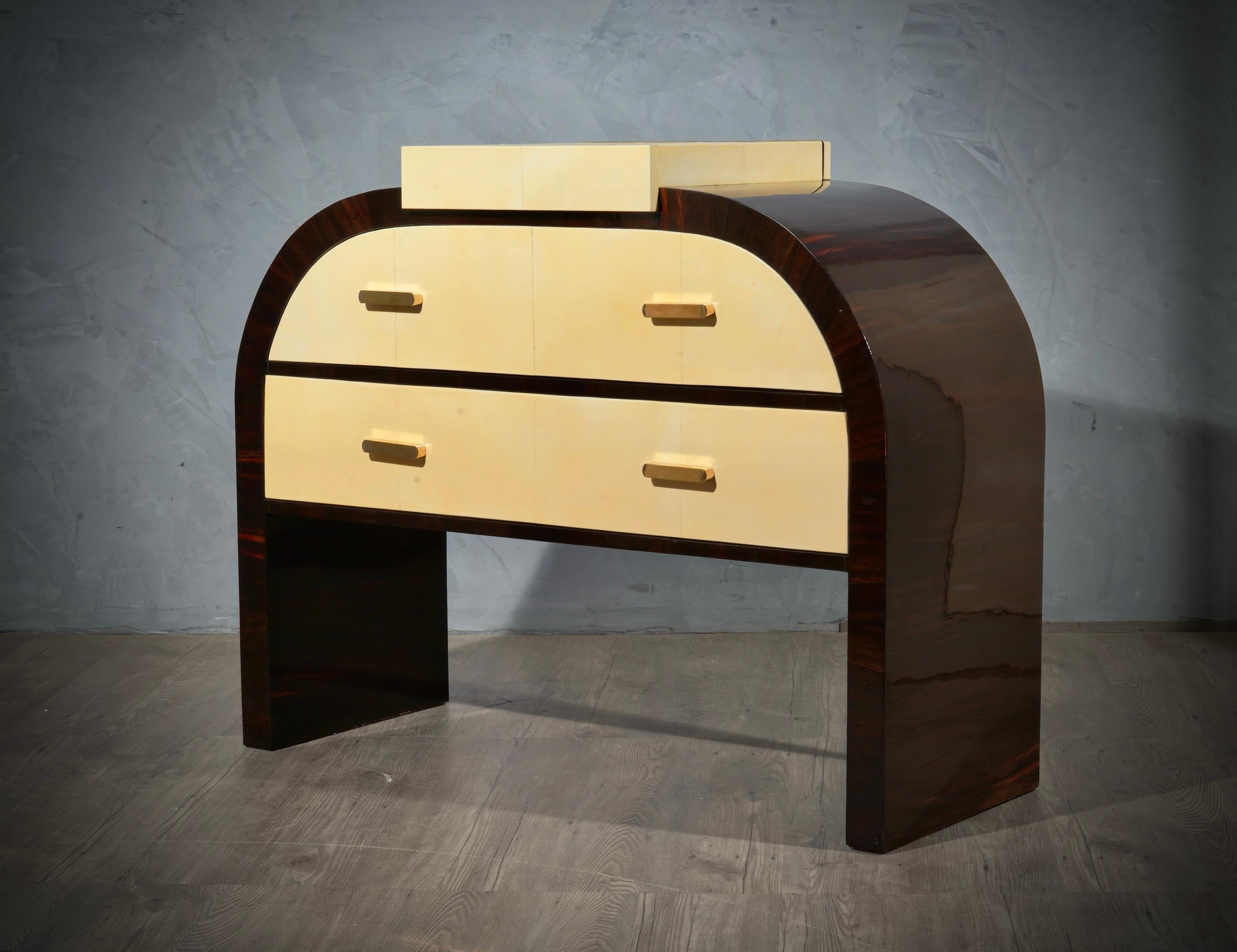 Art Deco Walnut and Goat Skin Italian Commode and Chests of Drawers, 1930 For Sale 2