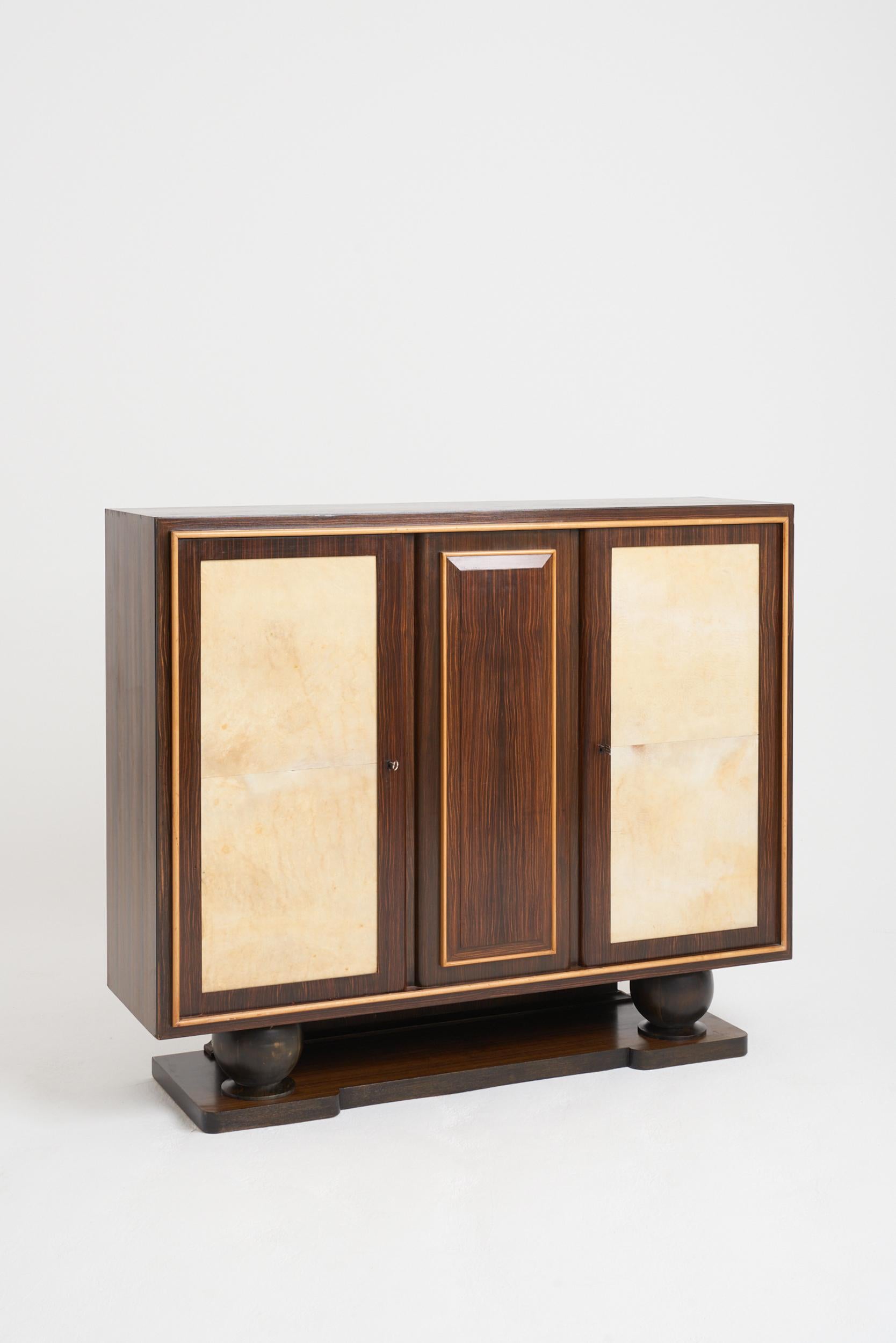 Mid-20th Century Art Deco Macassar Ebony and Velum Cabinet For Sale