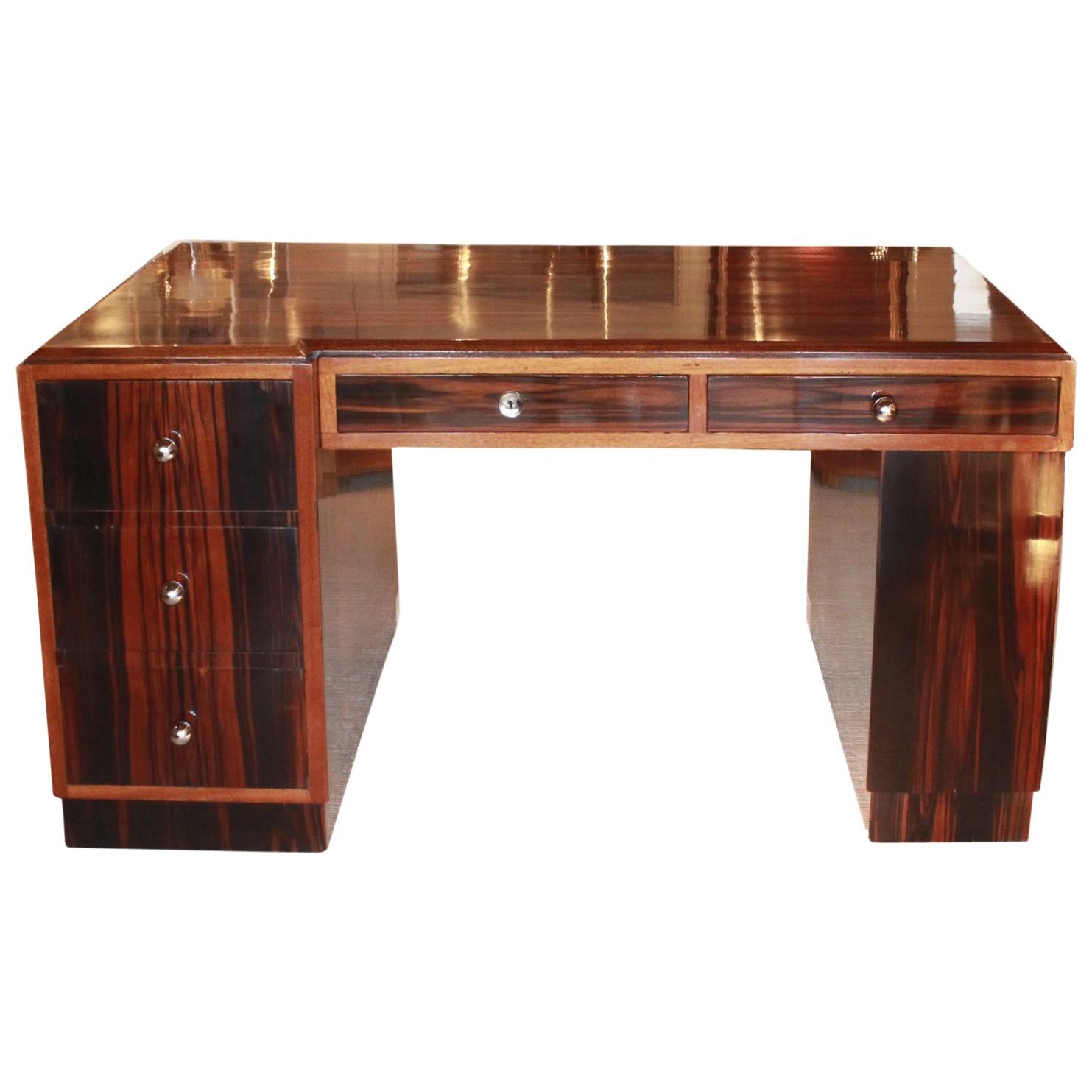 Art Deco Macassar Ebony Desk Original Chromed Brass Handles French Circa 1920