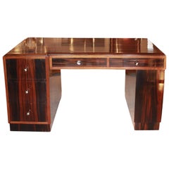 Art Deco Macassar Ebony Desk Original Chromed Brass Handles French Circa 1920