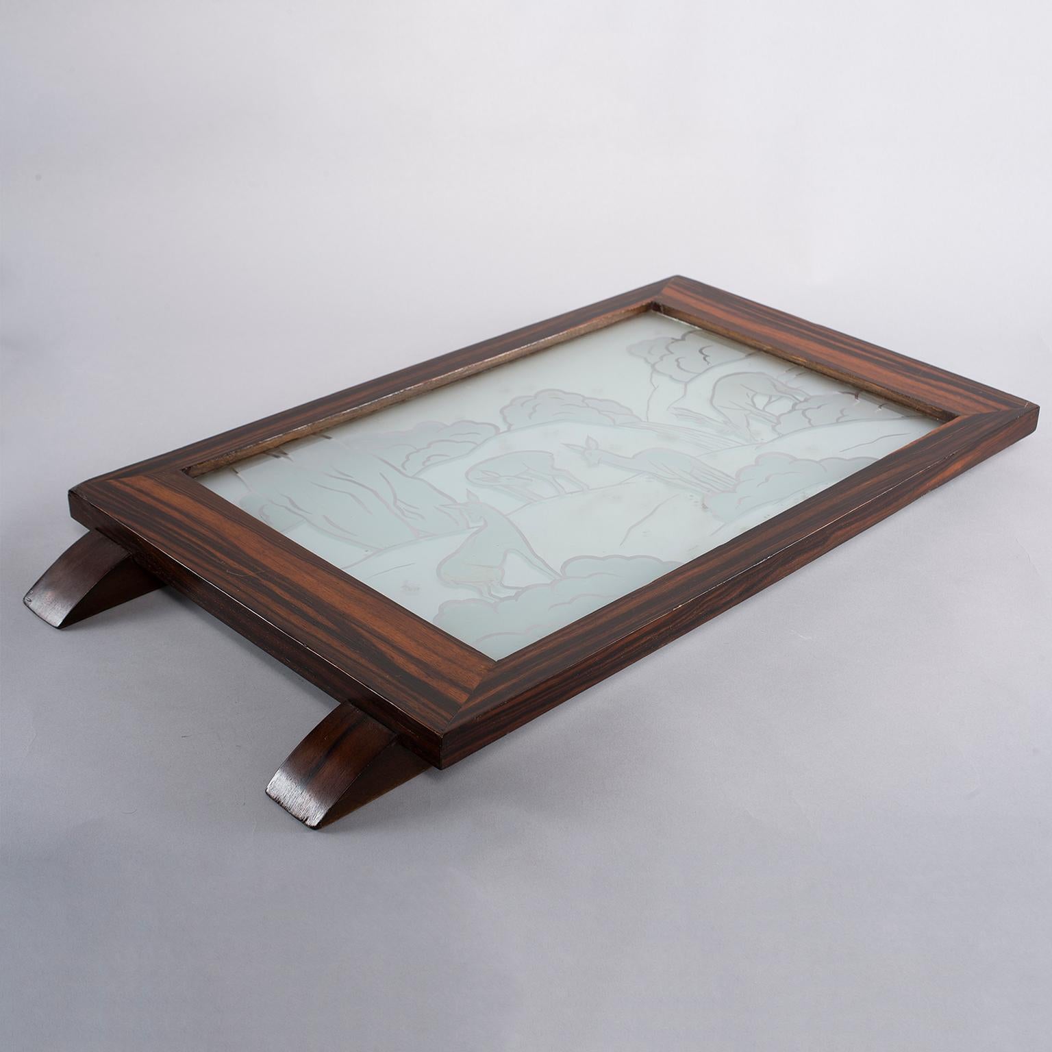 Belgian Art Deco Macassar Tray with Acid Etched Glass Top