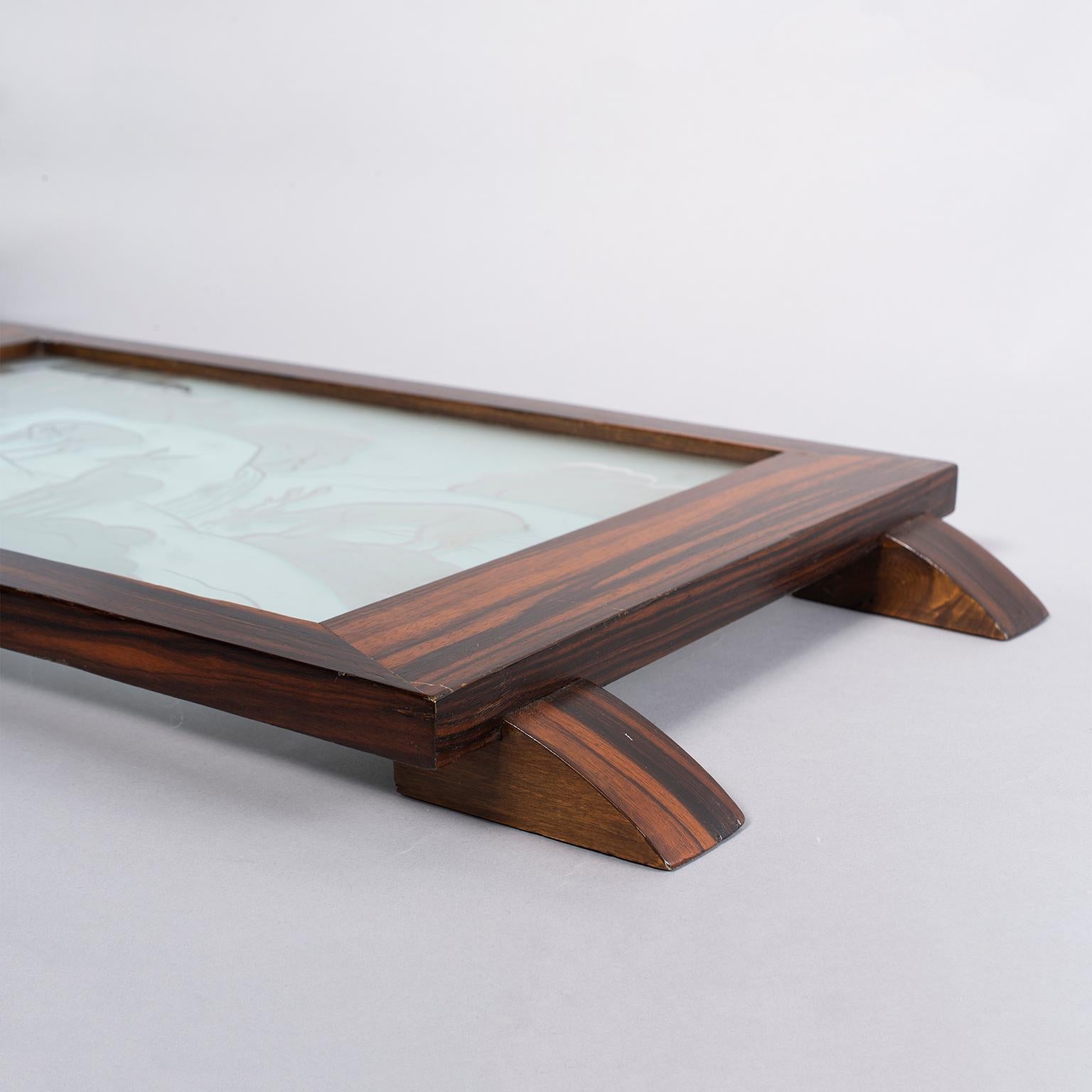 Art Deco Makassar-Tablett mit säuregeätzter Glasplatte (Belgisch)