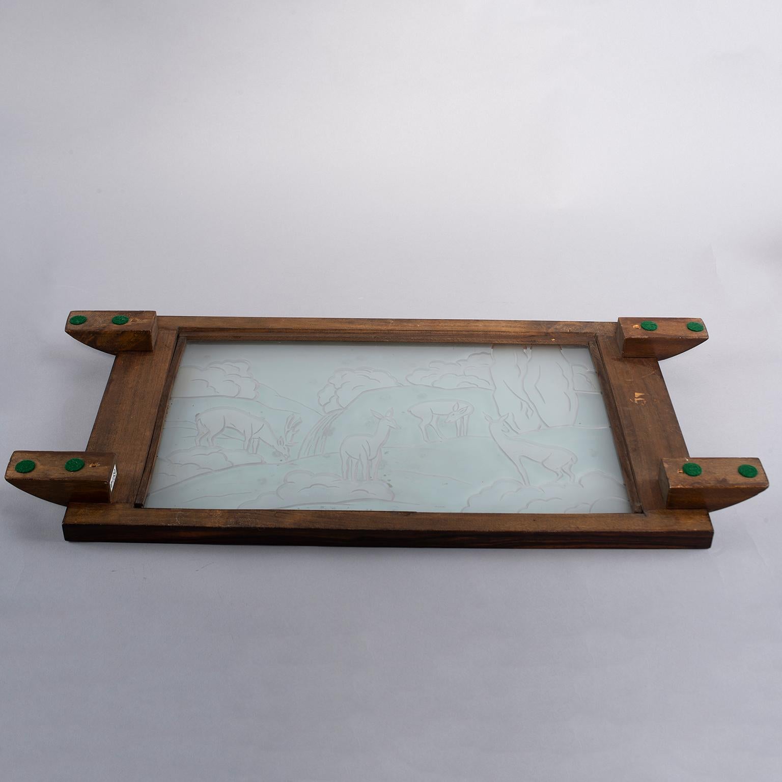 Art Deco Makassar-Tablett mit säuregeätzter Glasplatte (Radiert)
