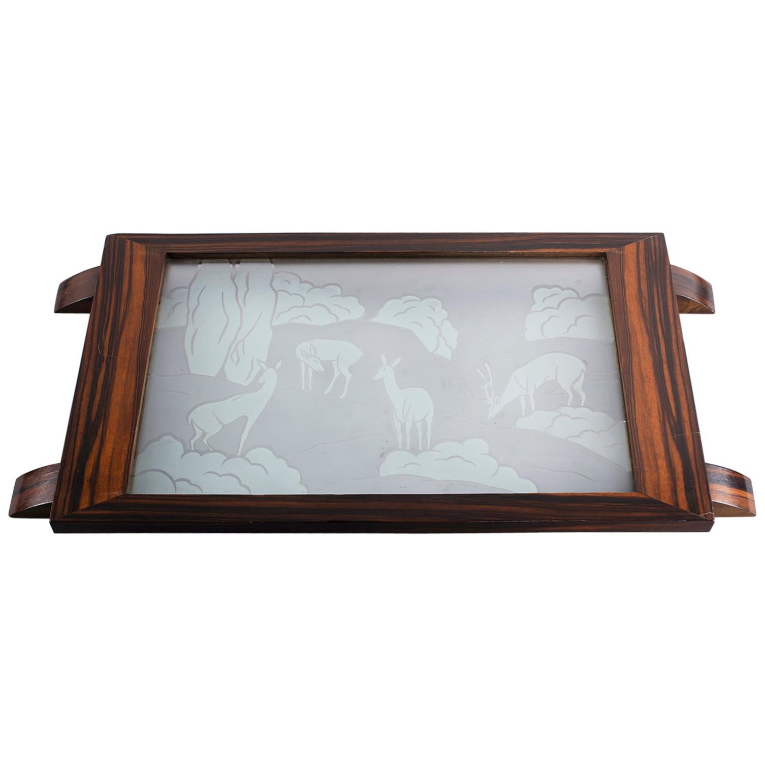 Art Deco Makassar-Tablett mit säuregeätzter Glasplatte