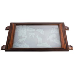 Vassoio Art Deco in Macassar con piano in vetro acidato