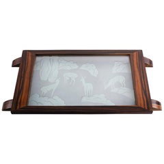 Art Deco Macassar Tray with Acid Etched Glass Top