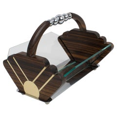 Cesta de centro de mesa Art Decó de madera de macasar y cromo, circa 1930