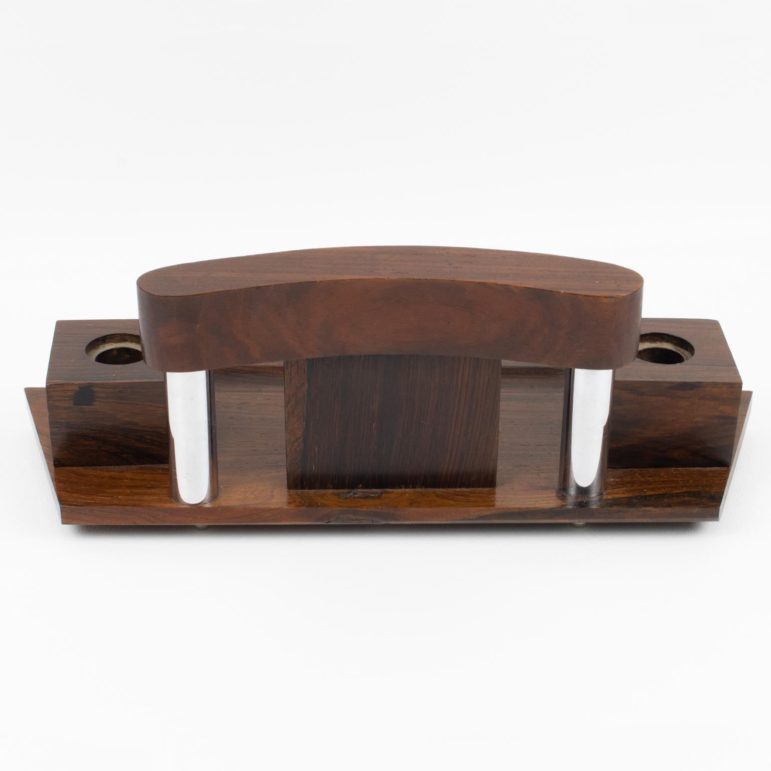 Mid-20th Century Art Deco Macassar Wood and Chrome Desk Accessory Inkwell and Blotter For Sale