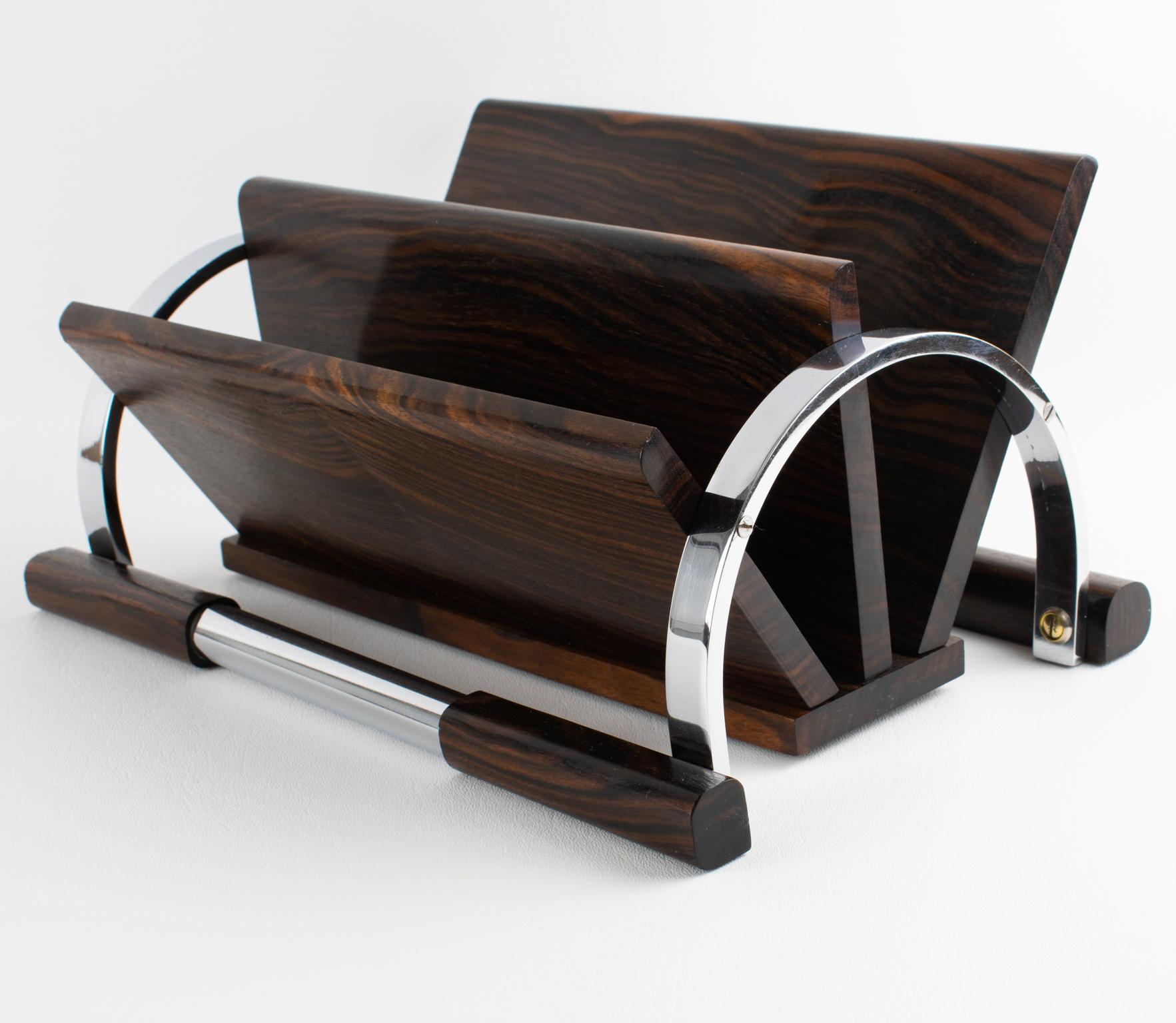 Art Deco Makassar Holz und Chrom Schreibtisch Accessoire Briefhalter, um 1930 im Angebot 6