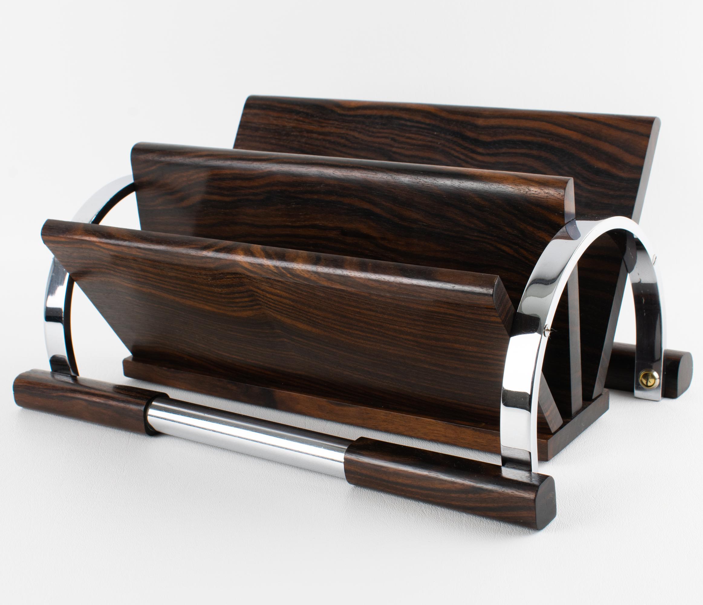 Art Deco Makassar Holz und Chrom Schreibtisch Accessoire Briefhalter, um 1930 (Art déco) im Angebot