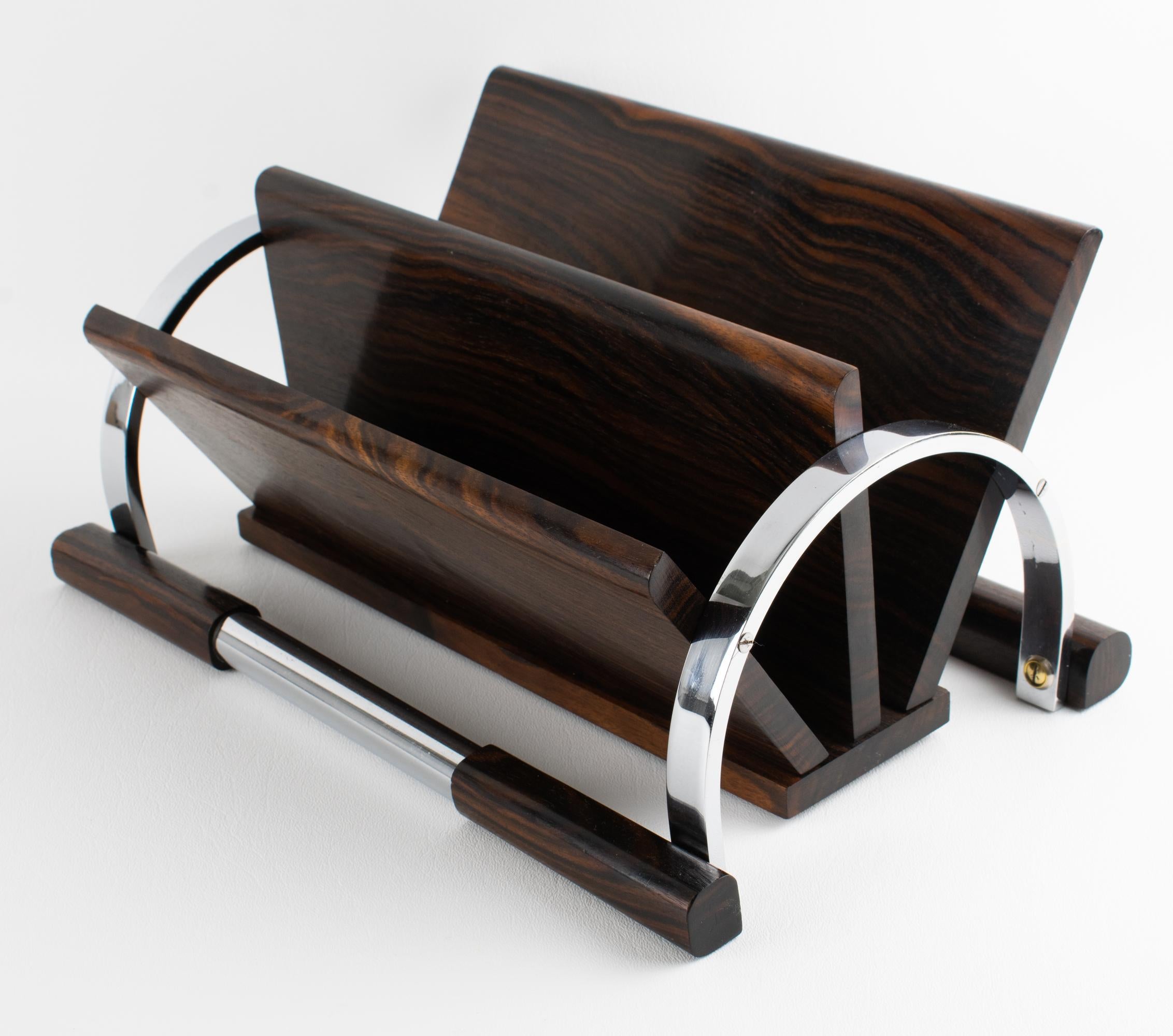 Art Deco Makassar Holz und Chrom Schreibtisch Accessoire Briefhalter, um 1930 (Französisch) im Angebot