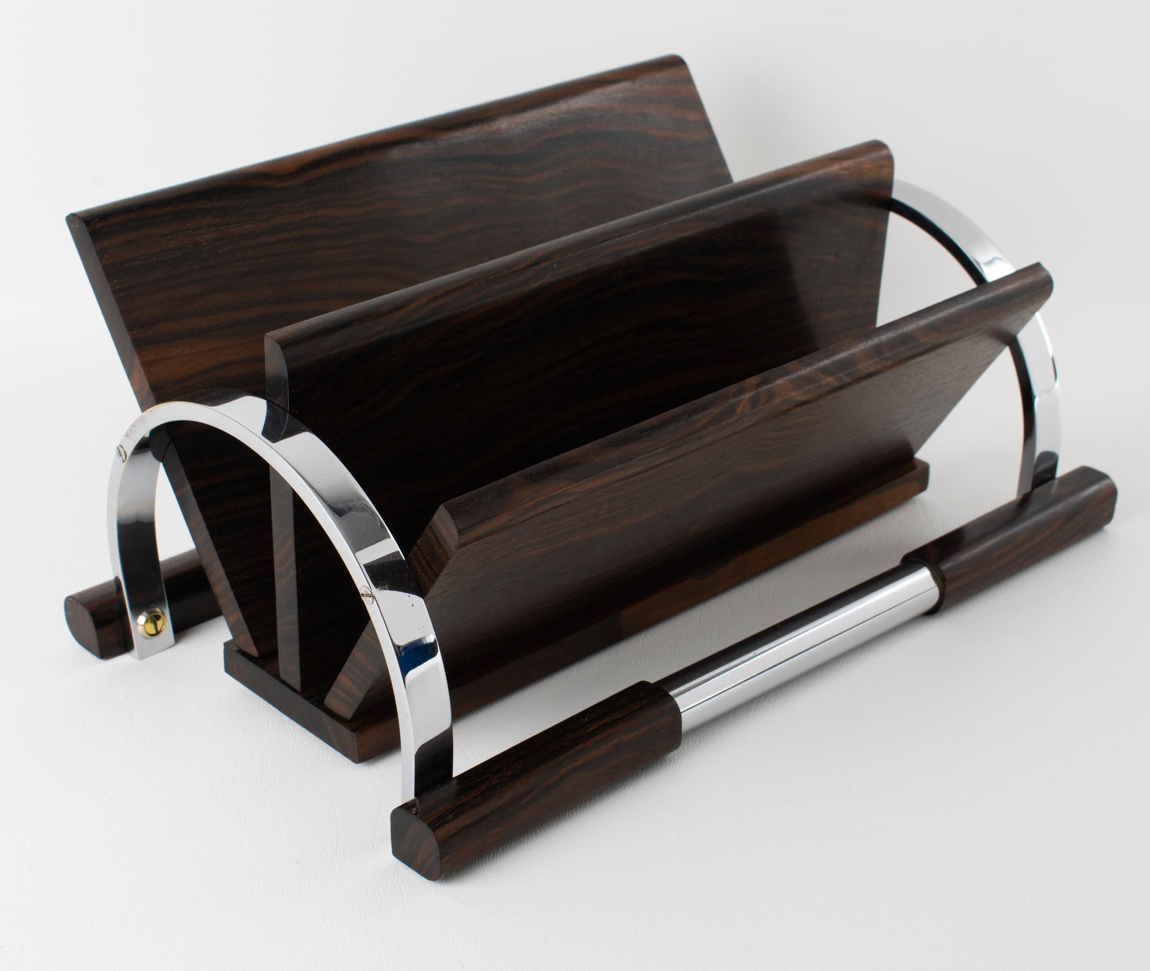 Art Deco Makassar Holz und Chrom Schreibtisch Accessoire Briefhalter, um 1930 (Abgeschrägt) im Angebot