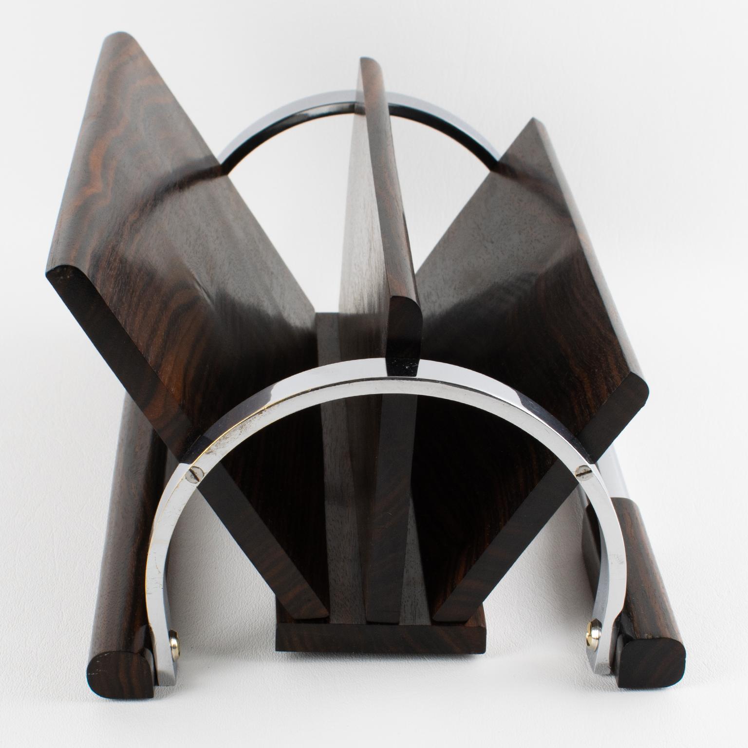 Art Deco Makassar Holz und Chrom Schreibtisch Accessoire Briefhalter, um 1930 (Metall) im Angebot