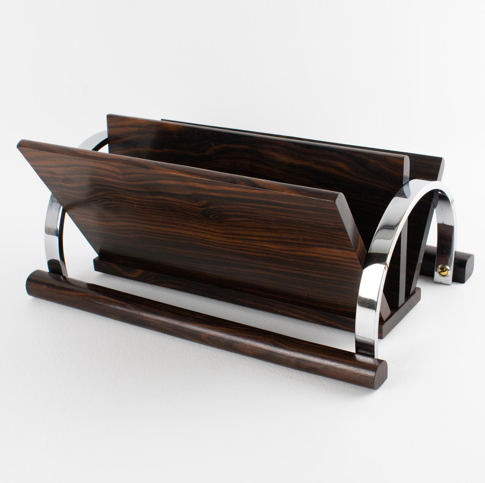 Art Deco Makassar Holz und Chrom Schreibtisch Accessoire Briefhalter, um 1930 im Angebot 1