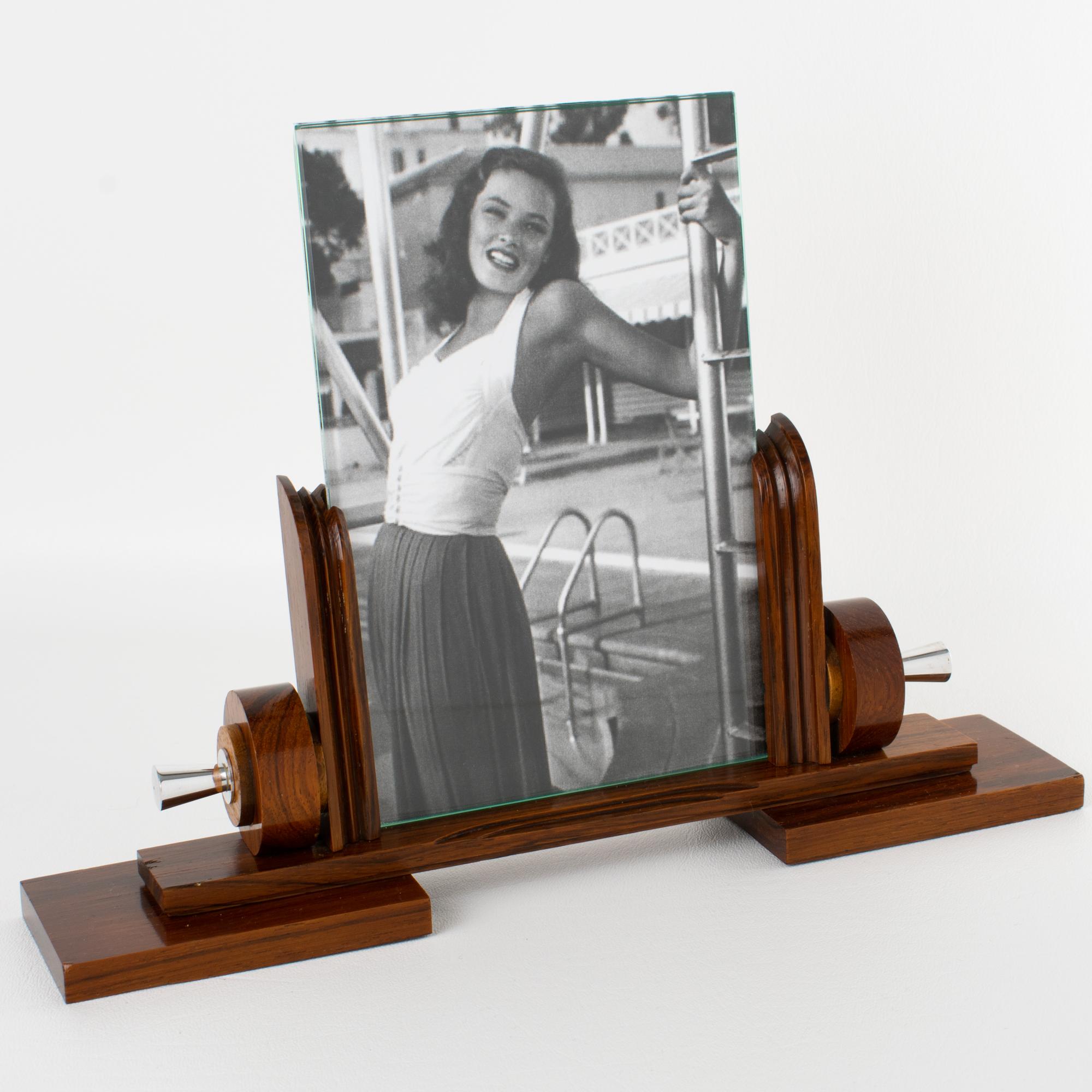French Art Deco Macassar Wood and Chrome Metal Picture Frame, France circa 1930 For Sale