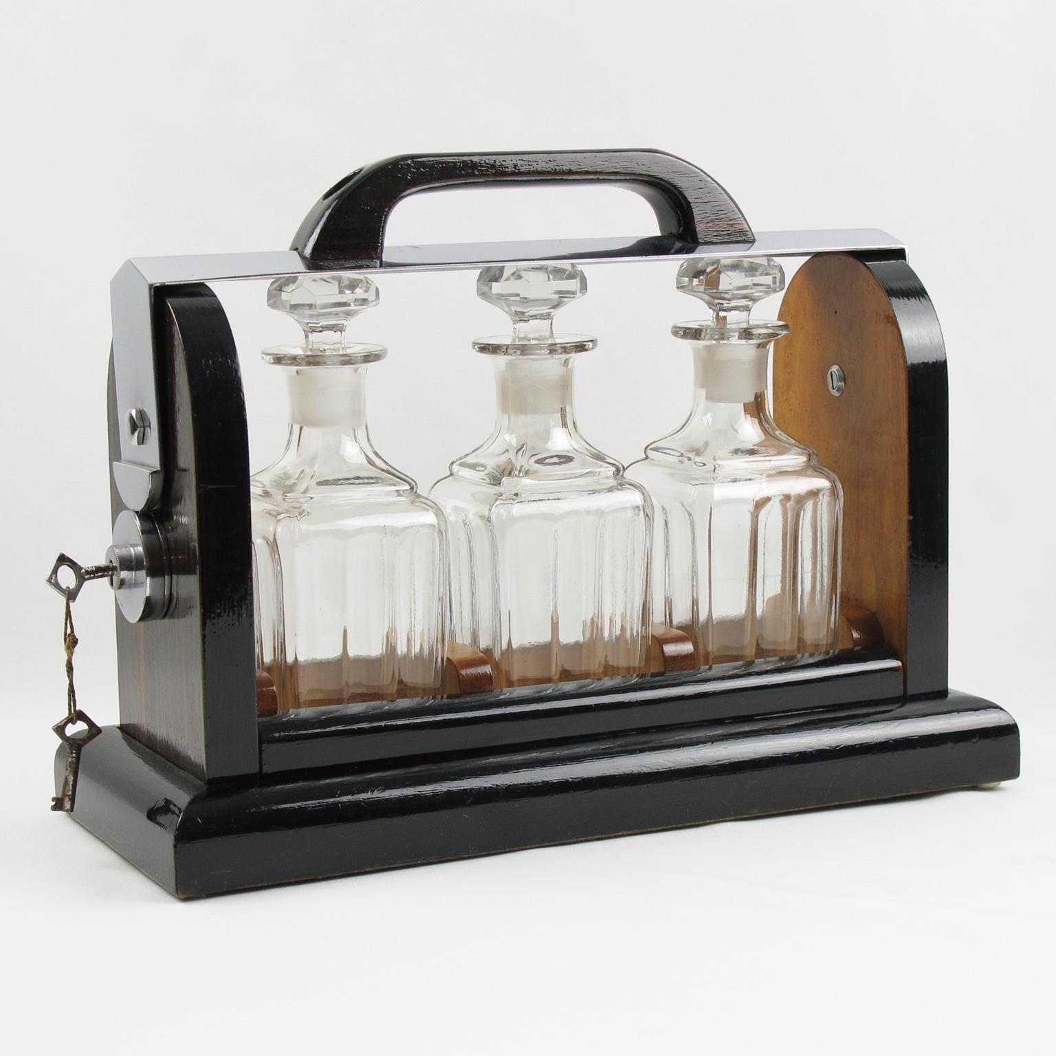 French Art Deco Macassar Wood and Chrome Mounted Case Barware Tantalus Three Decanters