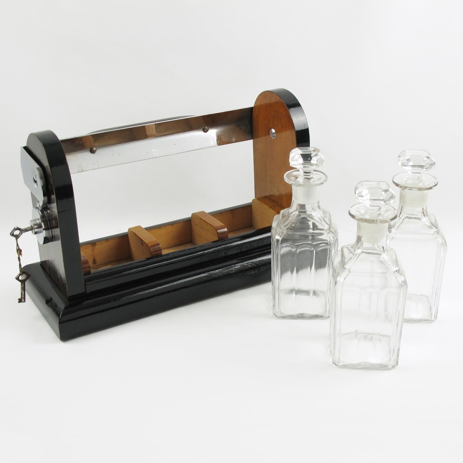 Mid-20th Century Art Deco Macassar Wood and Chrome Mounted Case Barware Tantalus Three Decanters