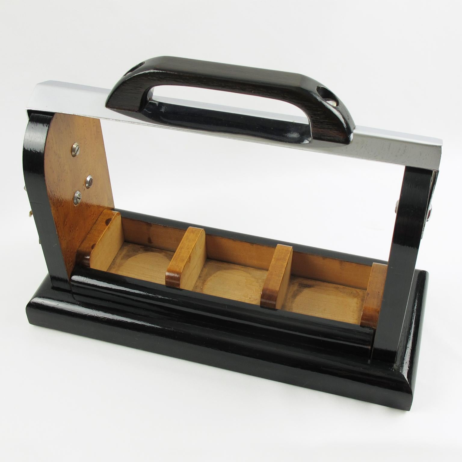 Art Deco Macassar Wood and Chrome Mounted Case Barware Tantalus Three Decanters 2