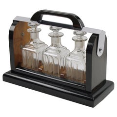 Art Deco Macassar Wood and Chrome Mounted Case Barware Tantalus Three Decanters