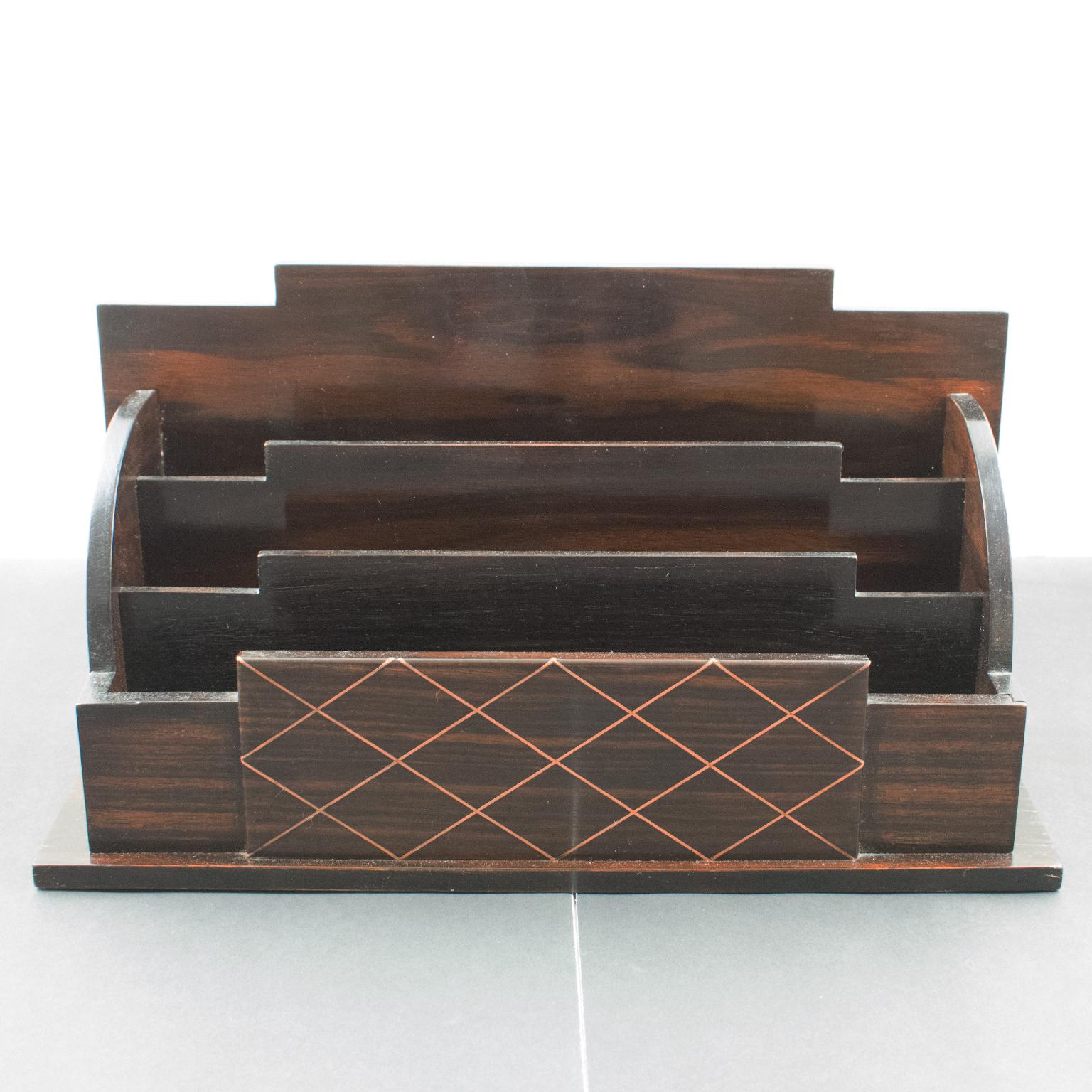 French Art Deco Macassar Wood and Copper Desktop Accessory Letter Holder For Sale