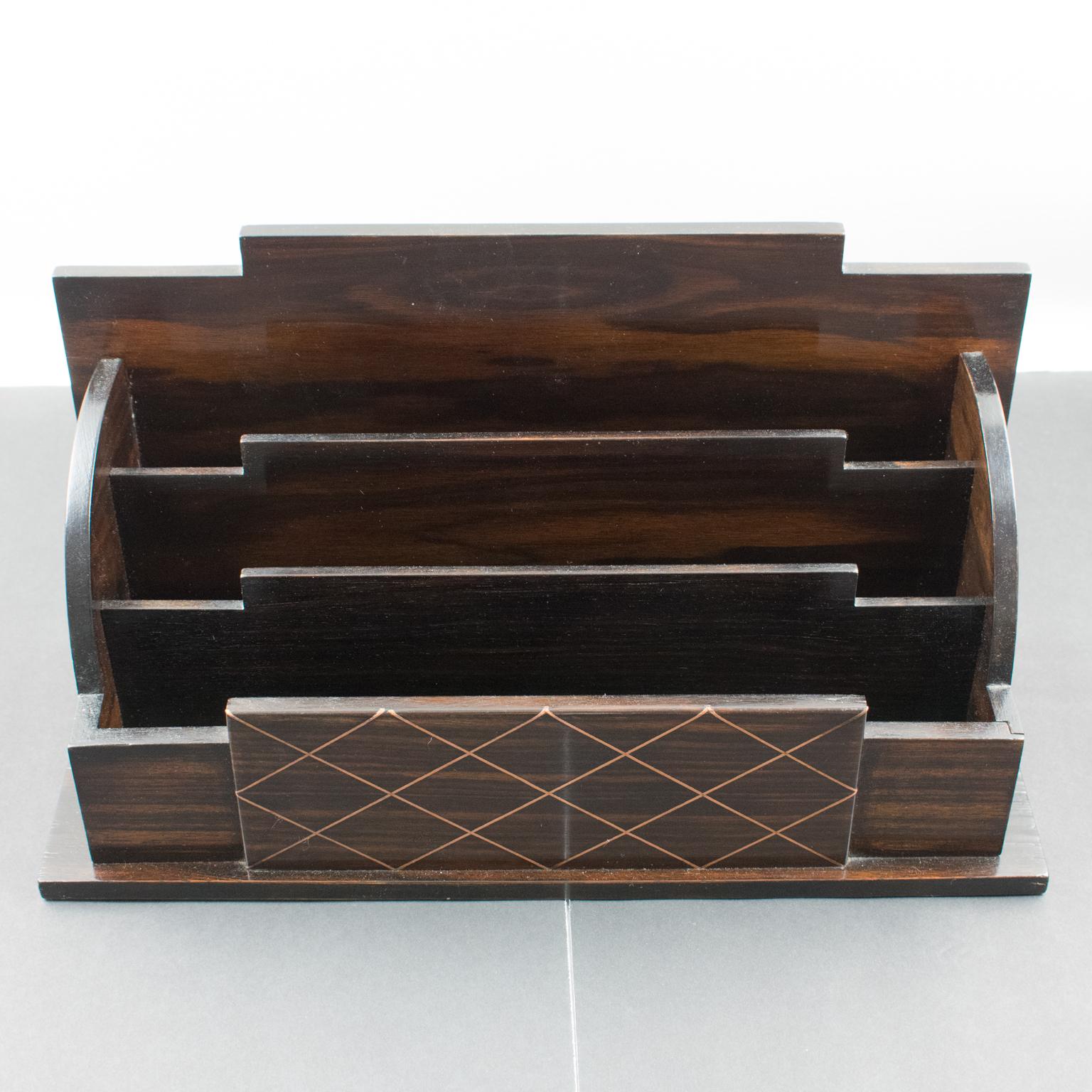 Art Deco Macassar Wood and Copper Desktop Accessory Letter Holder For Sale 1