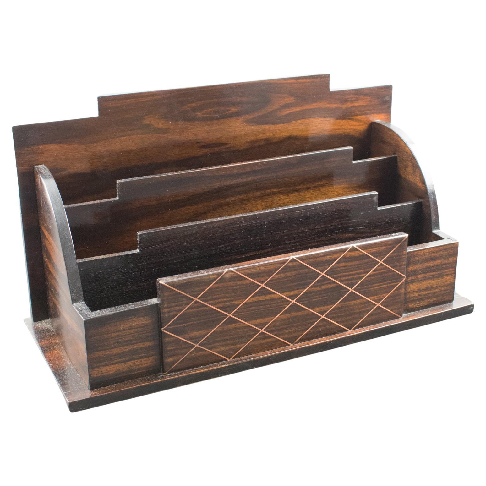 Art Deco Macassar Wood and Copper Desktop Accessory Letter Holder For Sale