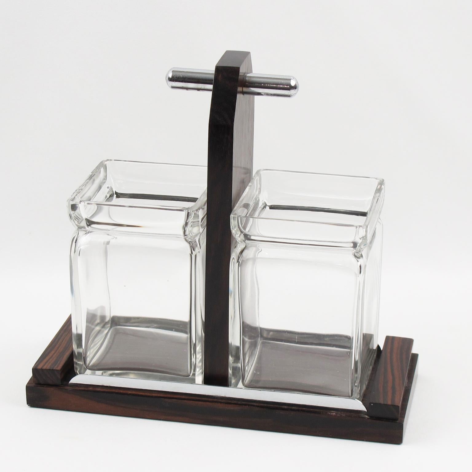 French Art Deco Macassar Wood and Crystal Condiment Set, 1930s For Sale