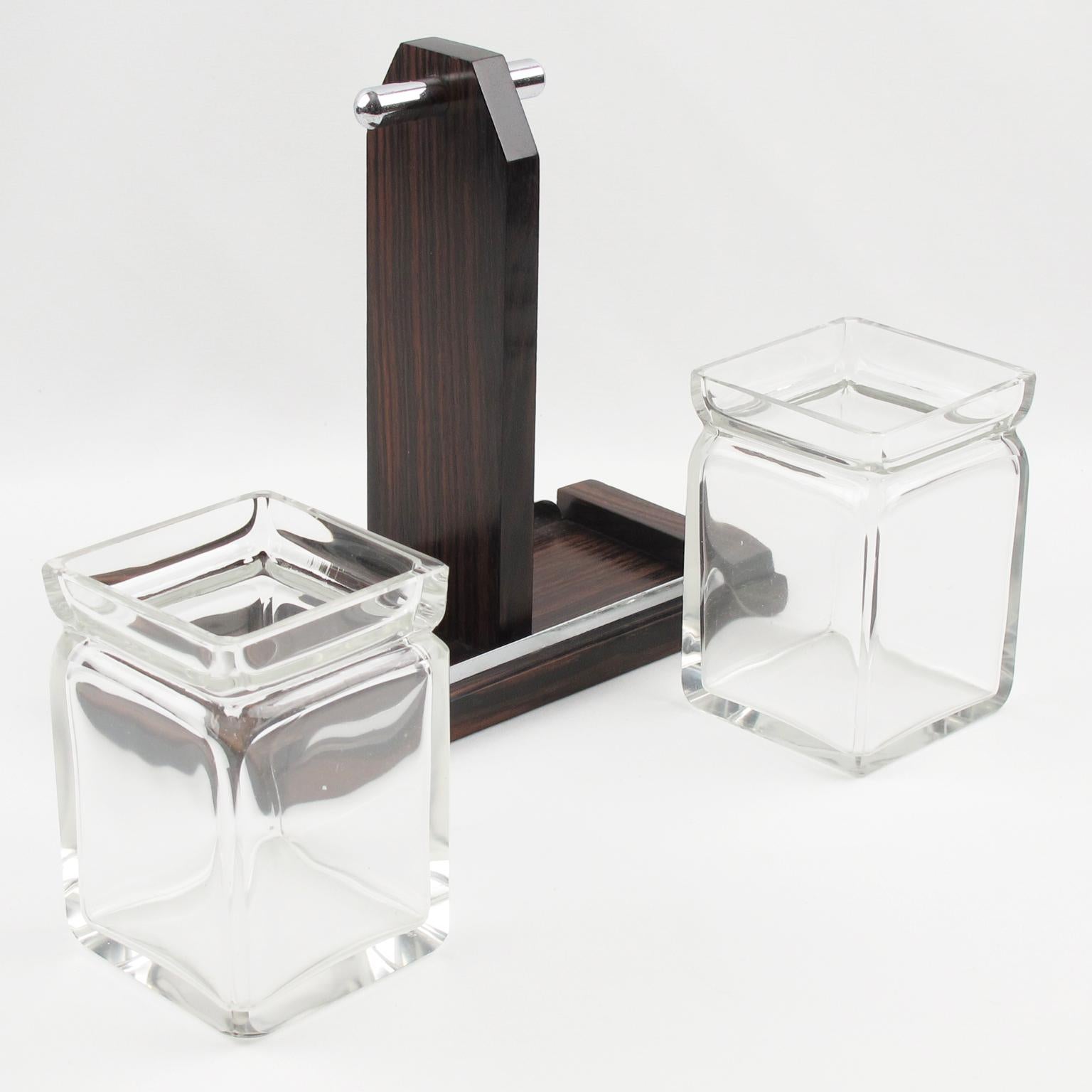 Mid-20th Century Art Deco Macassar Wood and Crystal Condiment Set, 1930s For Sale