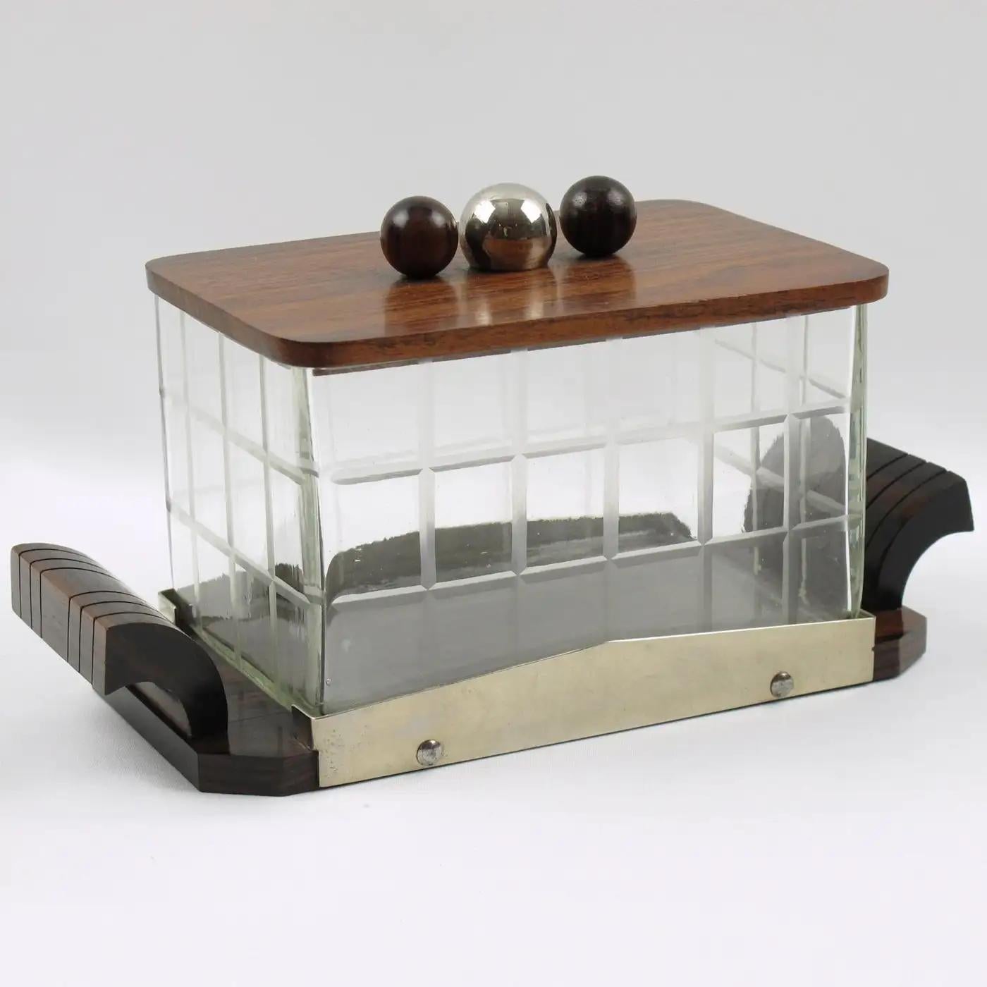 Milieu du XXe siècle Boîte à bonbons Art Déco en bois de macassar et cristal, années 1930 en vente