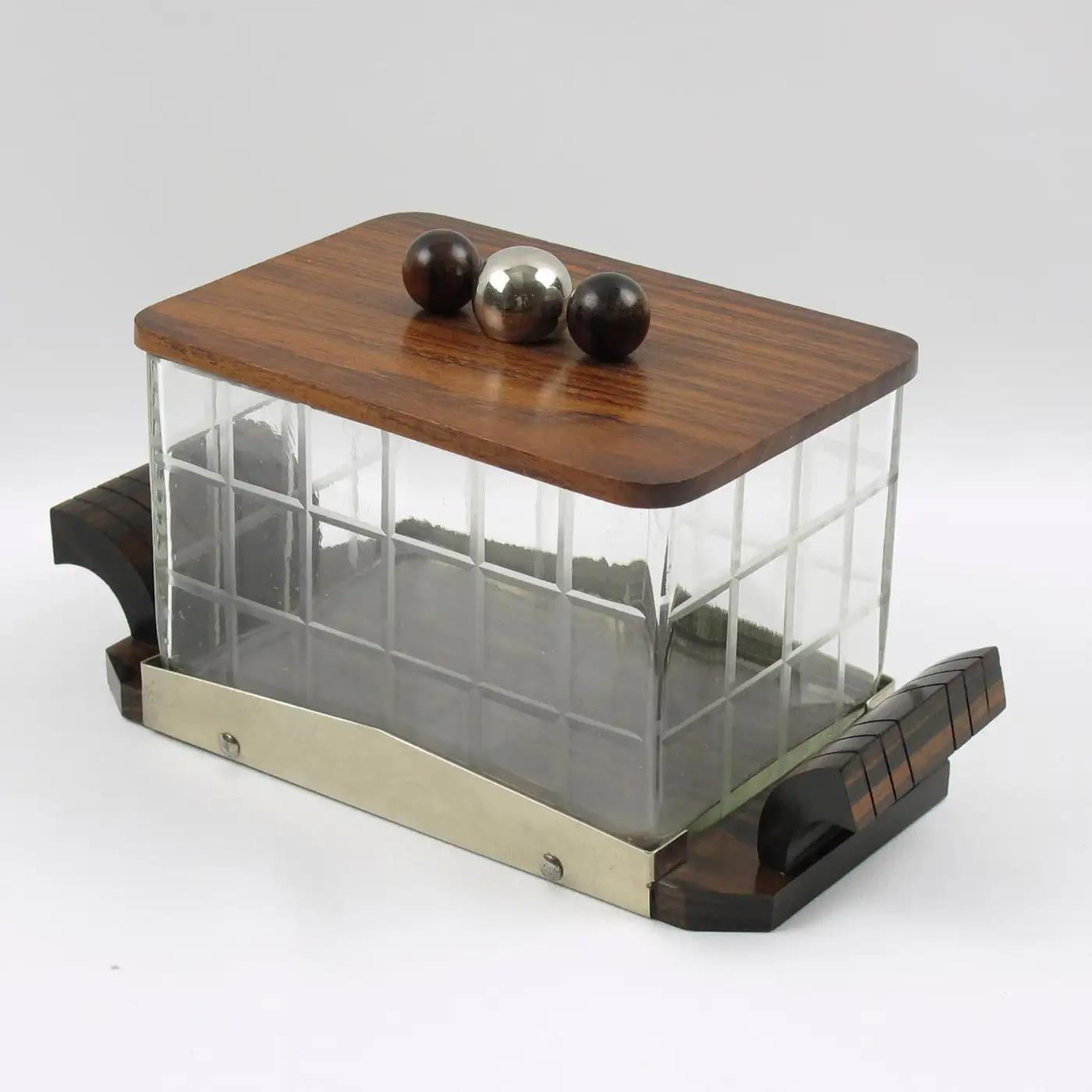 Boîte à bonbons Art Déco en bois de macassar et cristal, années 1930 en vente 2