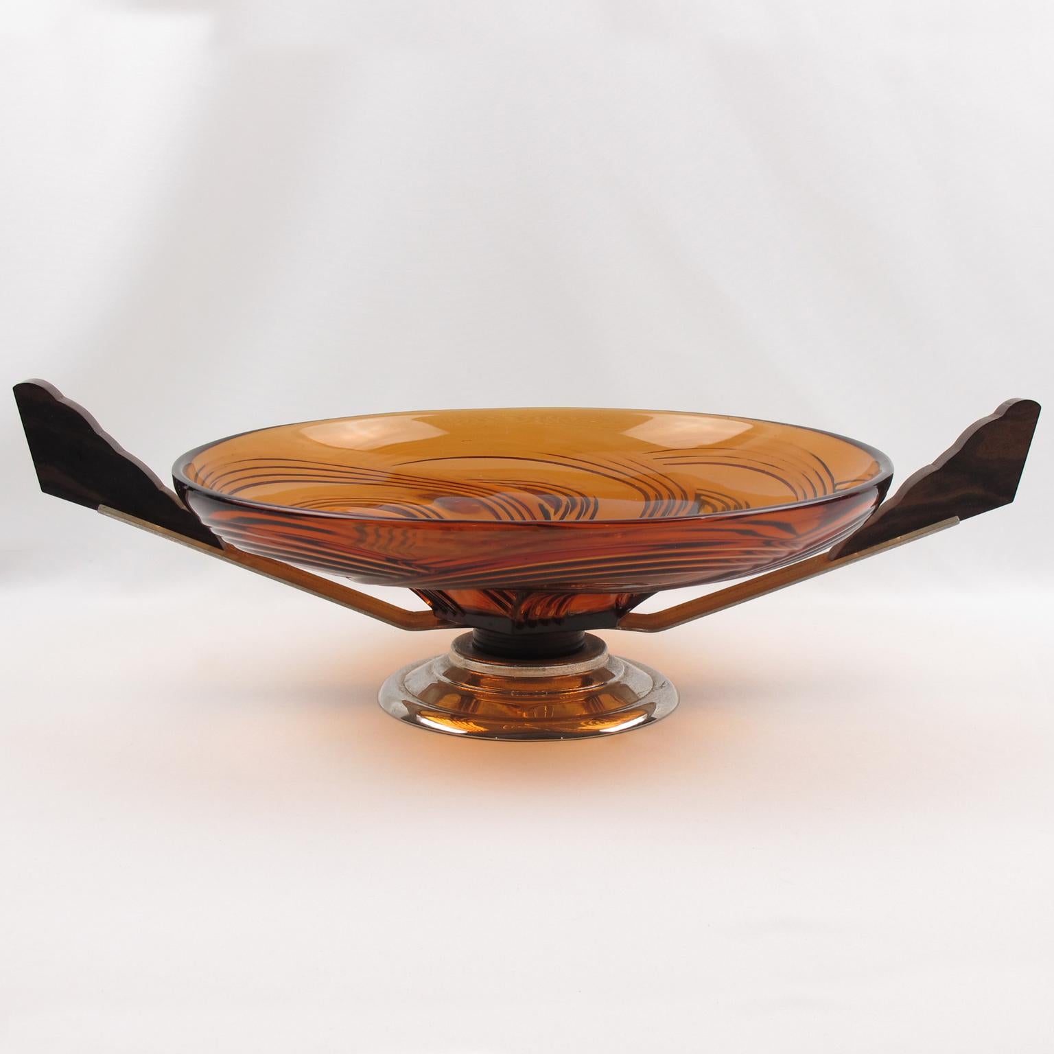 Mid-20th Century Art Deco Macassar Wood and Glass Centerpiece Bowl, 1930s For Sale