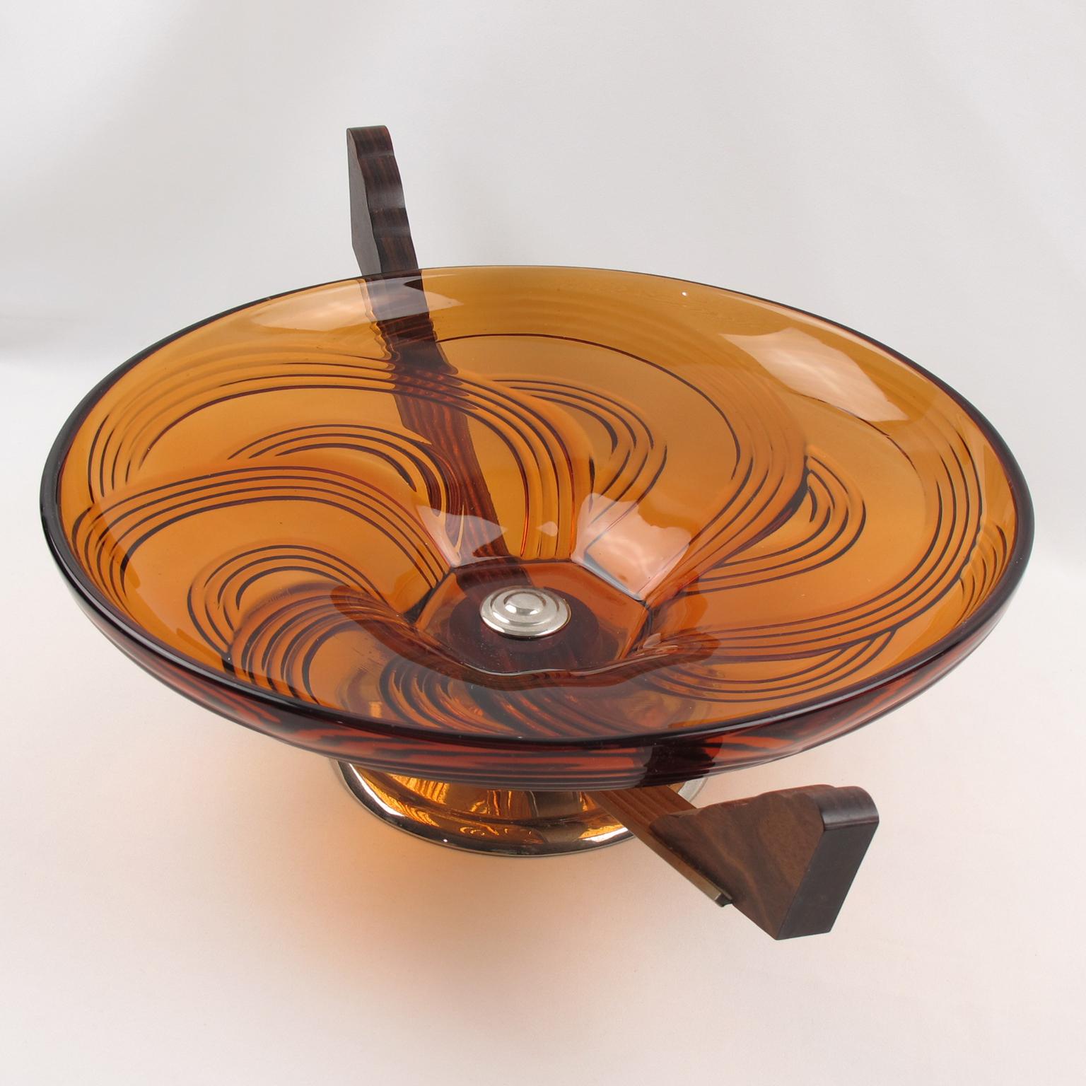 Art Deco Macassar Wood and Glass Centerpiece Bowl, 1930s For Sale 1