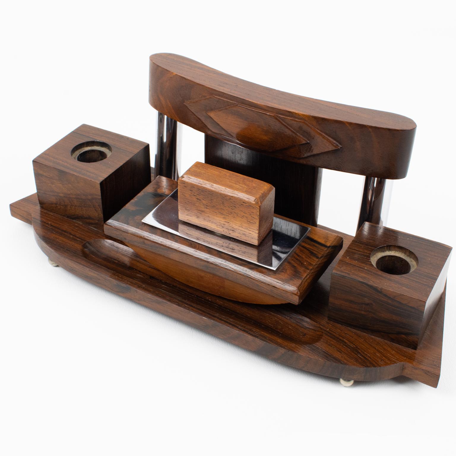 Accessorio da scrivania Art Deco, calamaio e blotter in legno di Macassar e metallo, circa 1930 in vendita 6