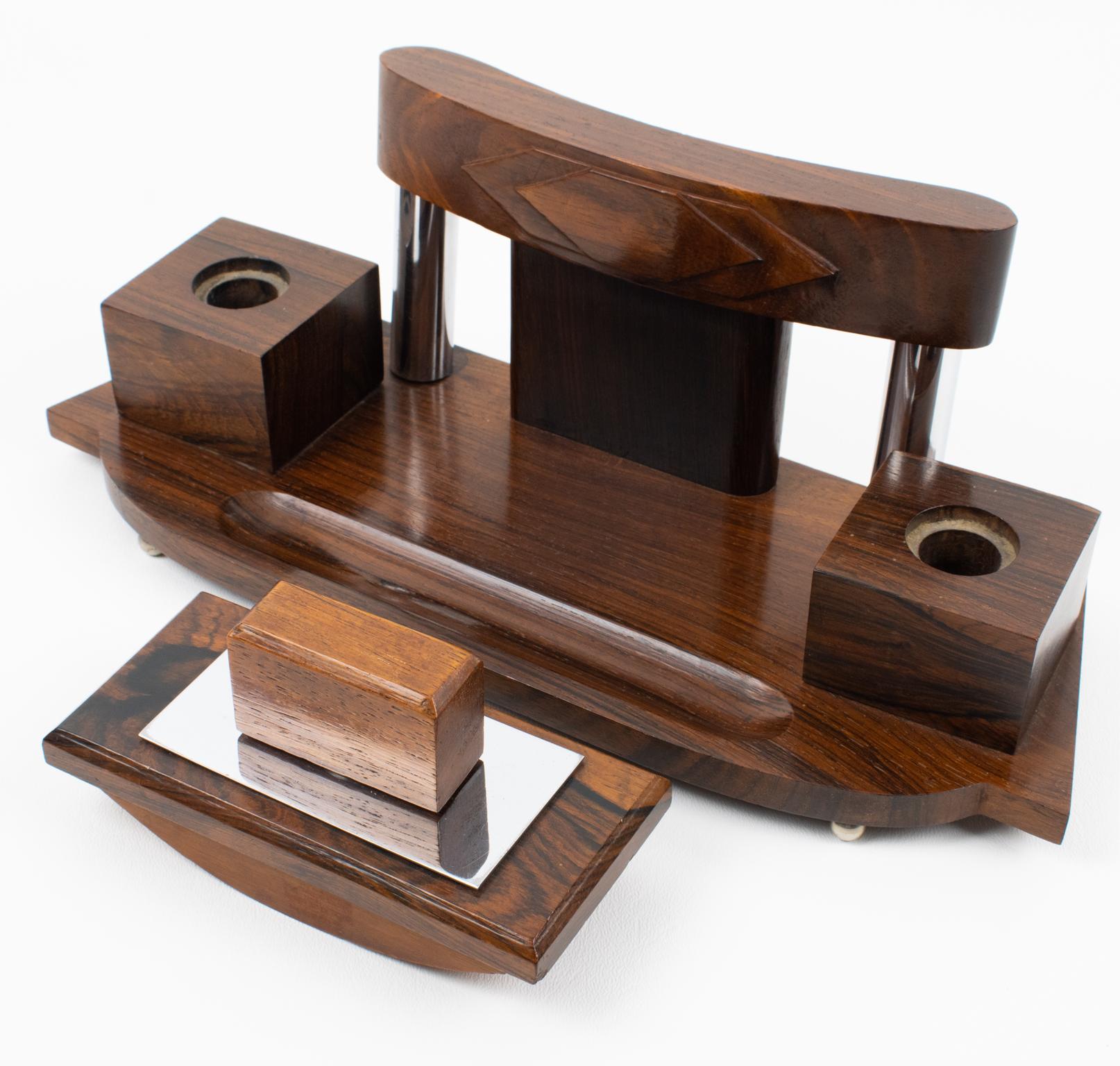 Accessorio da scrivania Art Deco, calamaio e blotter in legno di Macassar e metallo, circa 1930 in vendita 7