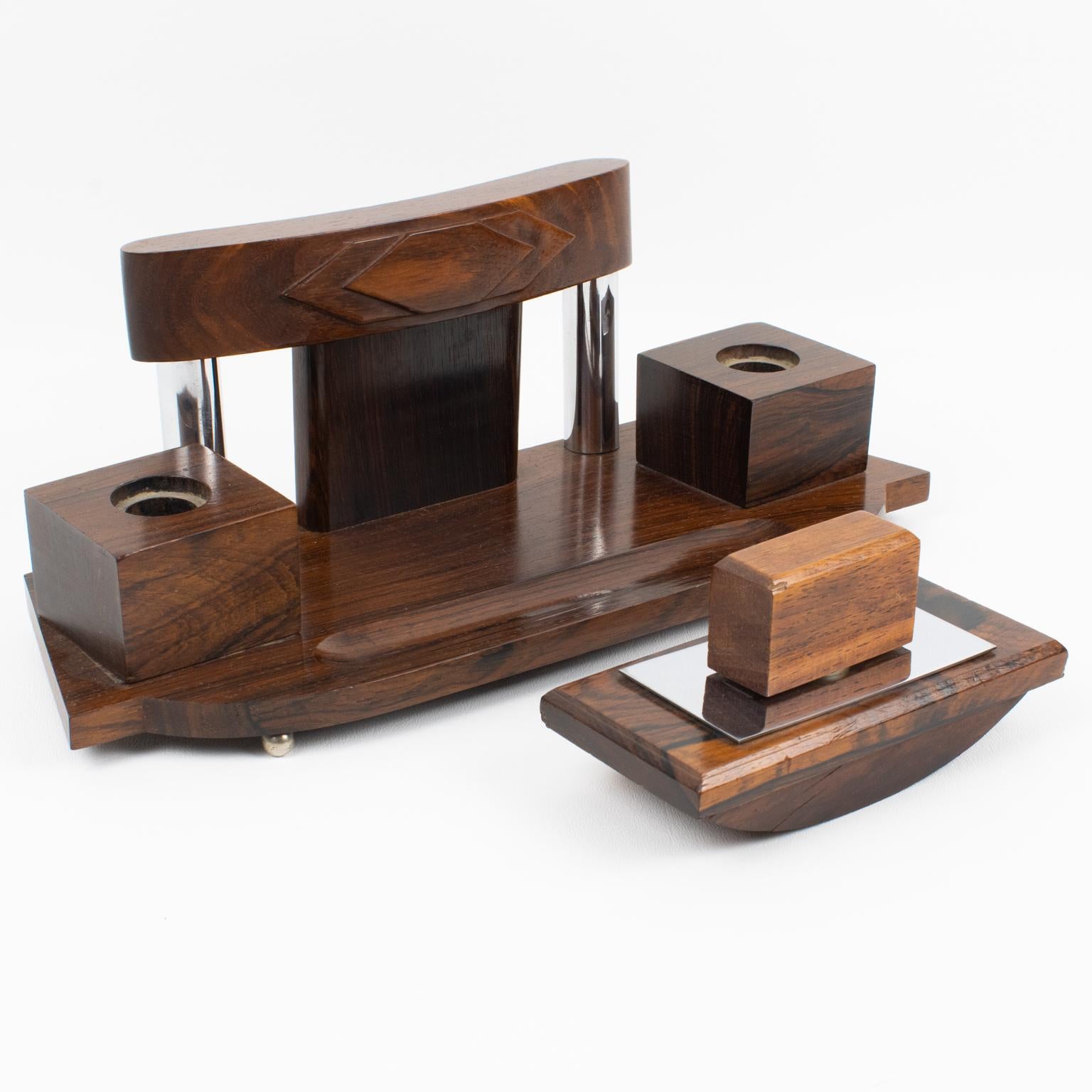 Accessorio da scrivania Art Deco, calamaio e blotter in legno di Macassar e metallo, circa 1930 in vendita 9